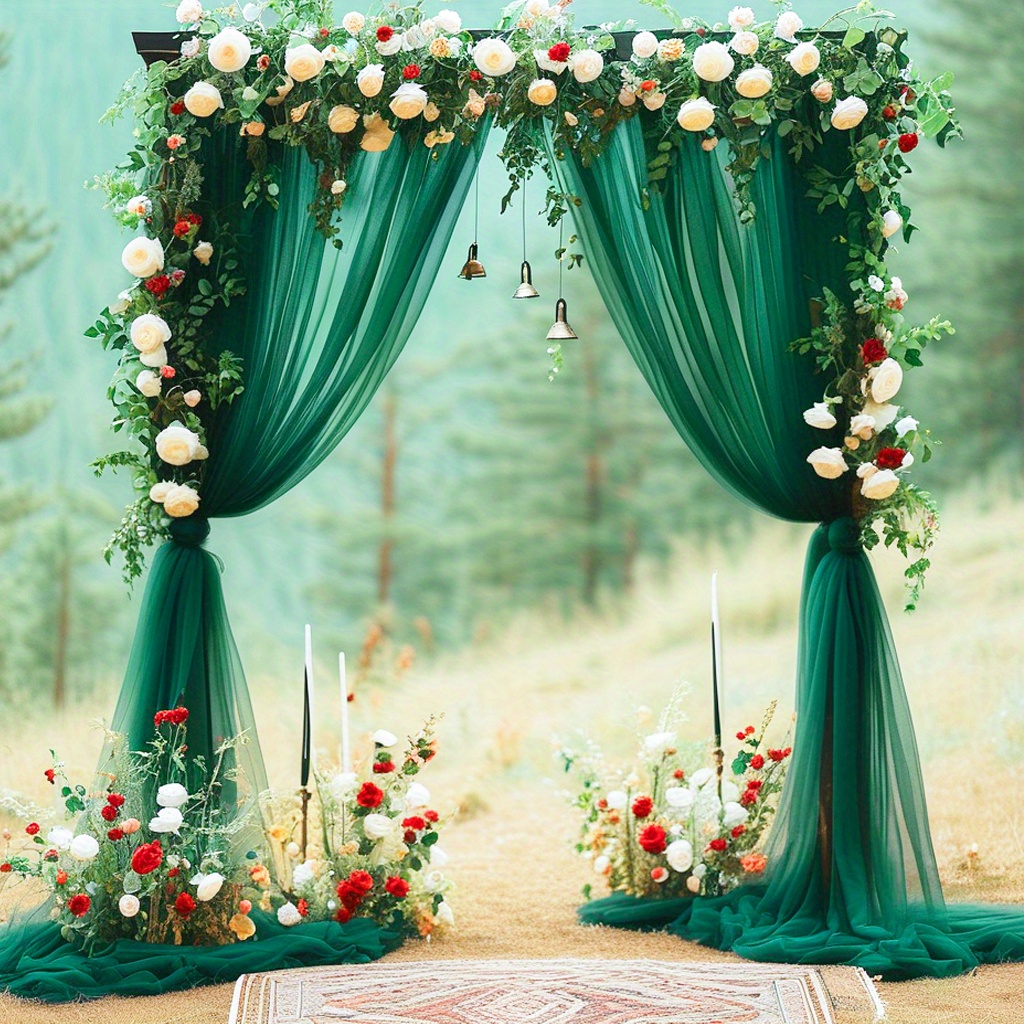 TEMU 1pc Elegant Dark Green Tulle Atmosphere Decoration Material Polyester Mesh Fabric, Suitable For Wedding Arch Decoration, Ceremony Background