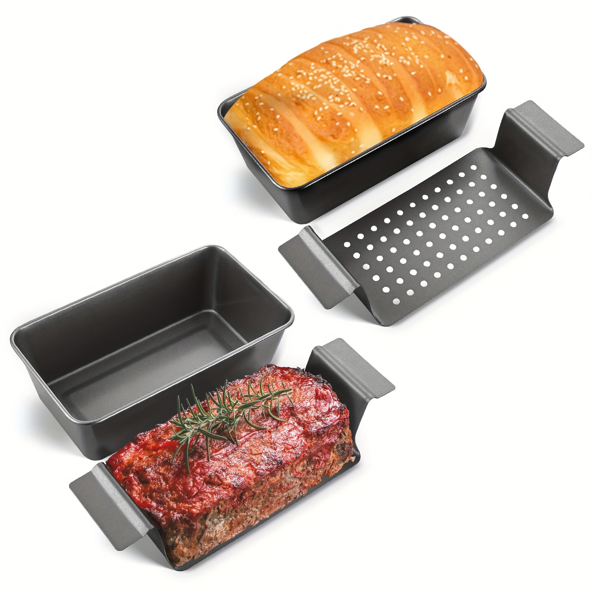 

Hongbake 4 Pack Meatloaf Pan With Drain Tray, 9 X 5 Inches Loaf Pans With Insert, Nonstick For Baking, Grey