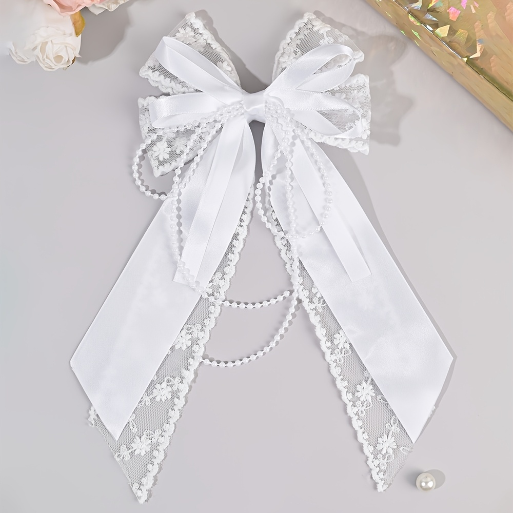 TEMU 1pc Elegant Bow Hair Clips White Satin Lace Pearl Chain Bow Hair Additions For Bridal Decor Bridal Hairstyle Romantic Date Outfit