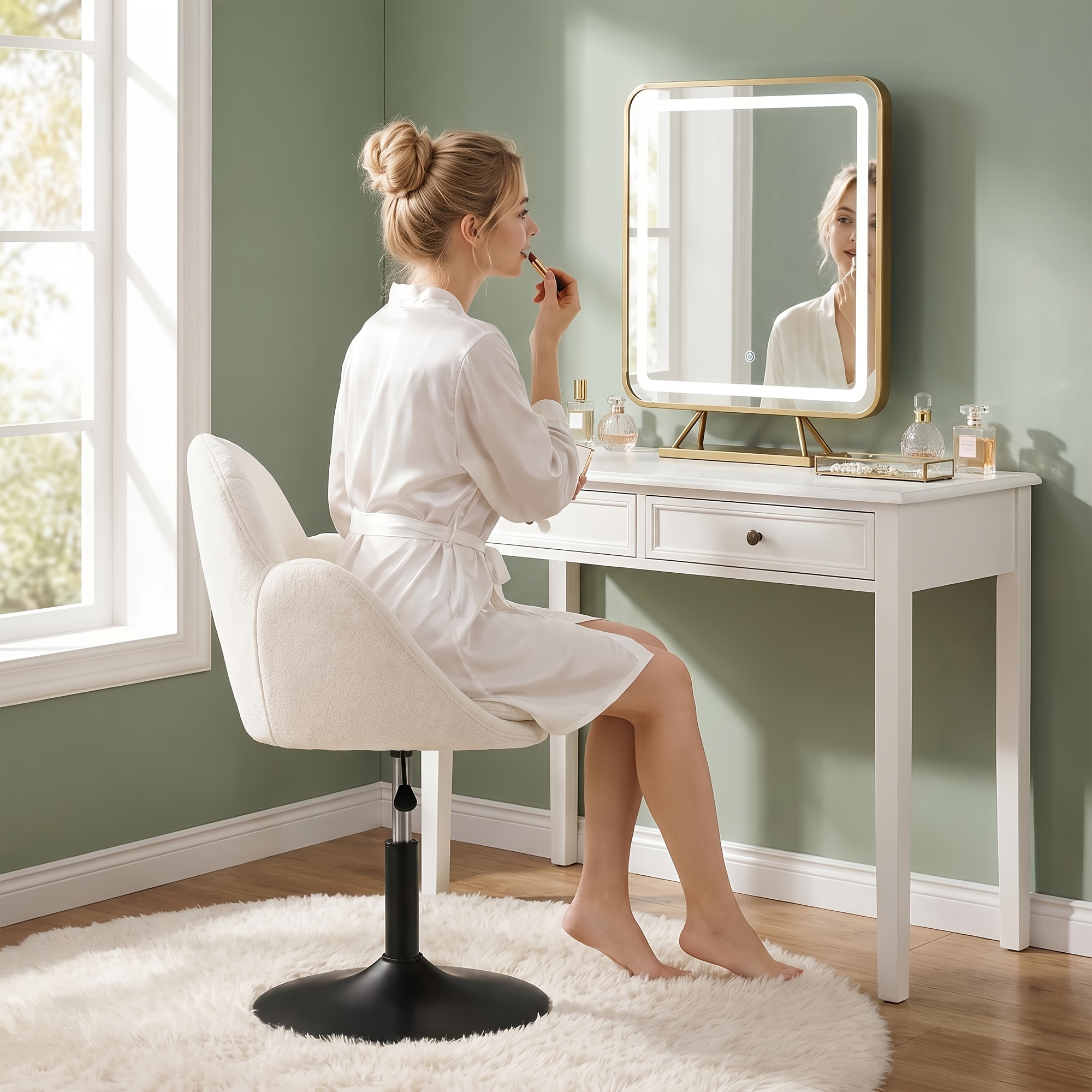 Comfortable Dressing Stool. To Cleaning And Assembly. 360° Rotating With Backrest, Height Adjustable, Corduroy Chenille Makeup Stool, Suitable For Dressing Tables, Bedrooms, And Living Rooms.
