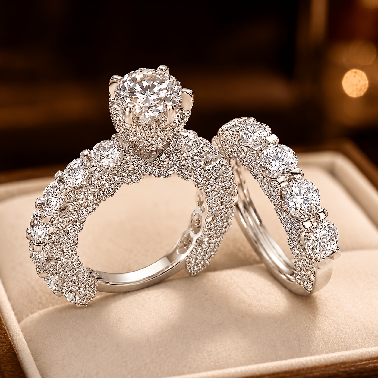2pcs Luxury Silvery-colored 5a Zirconia Solitaire Ring Set Men Women Unisex Engagement Wedding Promise Pave Stackable Band Anniversary Gift Jewelry