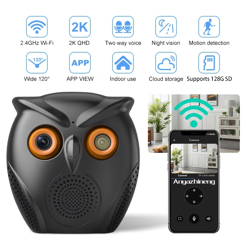 Caméra Intérieure Chouette | Résolution 2K QHD, Vision Nocturne, Audio Bidirectionnel, Design Adorable de Chouette, Surveillance Sans Fil, Sécurité Intérieure de la Maison, Caméra pour Animaux de Compagnie, Accès via Application Mobile, Surveillez Votre Maison à Tout Moment