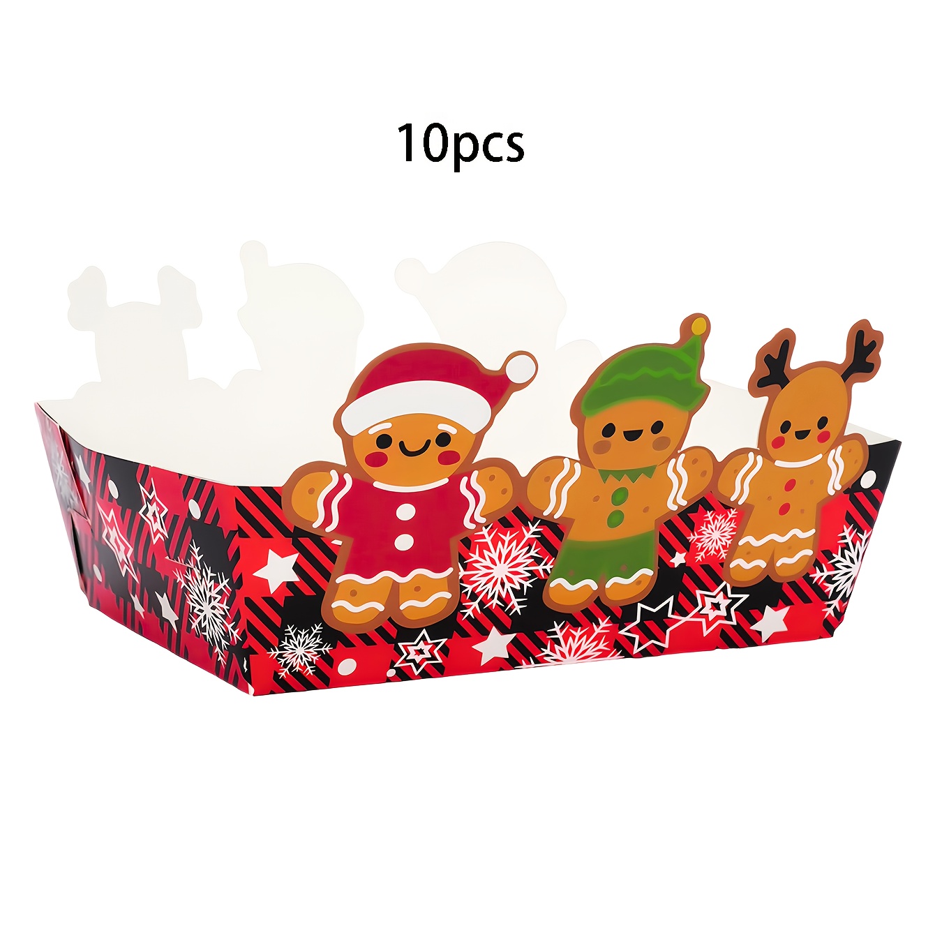 TEMU 10pcs Christmas Gingerbread Man Paper Food Trays - Plaid Christmas Serving Boats With Snowflake Pattern, Popcorn Trays & Snack Bowls For Winter