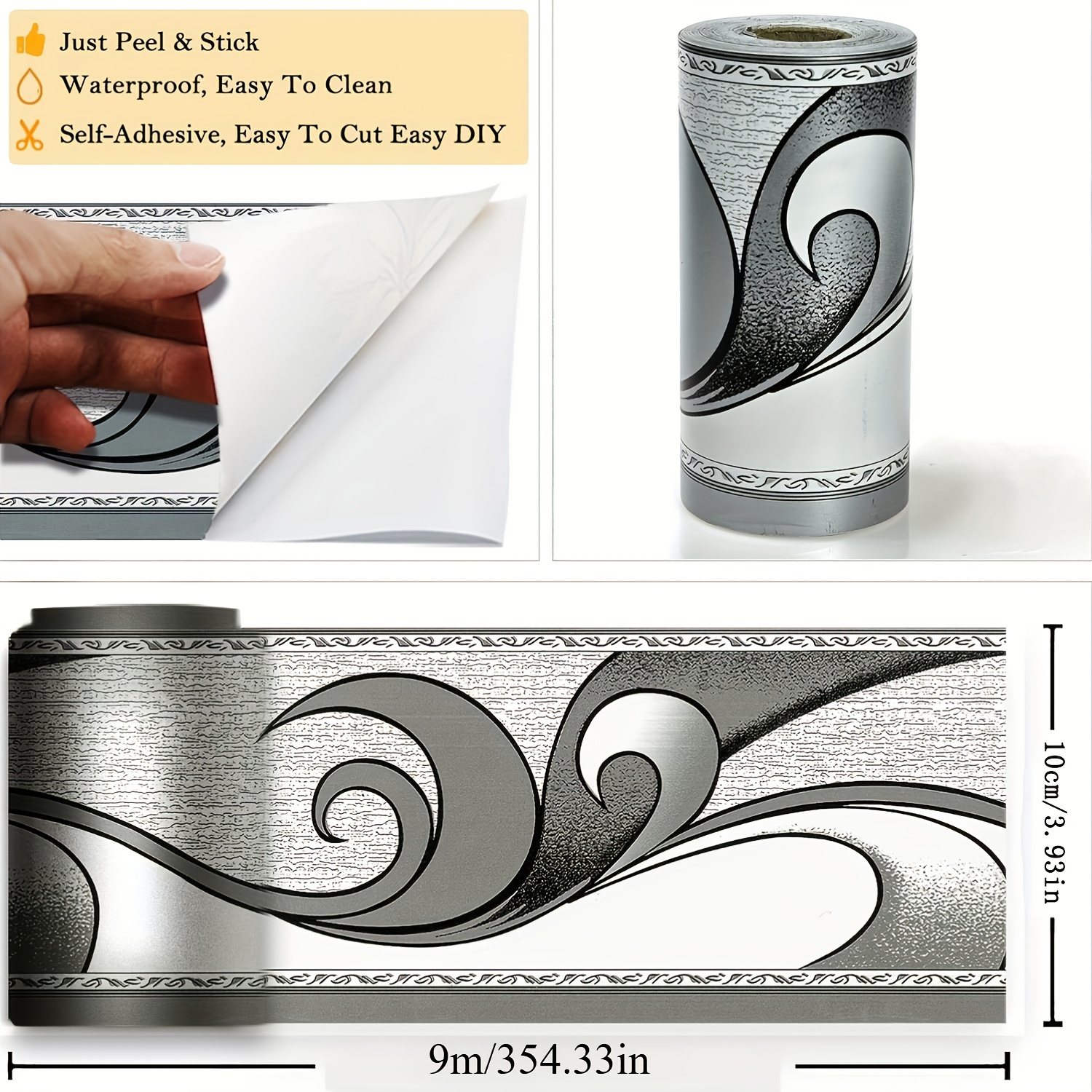 Image of 9 Meters Modern Waterproof Border Decorative Wallpaper, Self-adhesive Elegant Gray Pattern Contact Paper, Easy To Paste And Peel Ceiling Paper, For Home And Dormitory Decoration, Background Wall