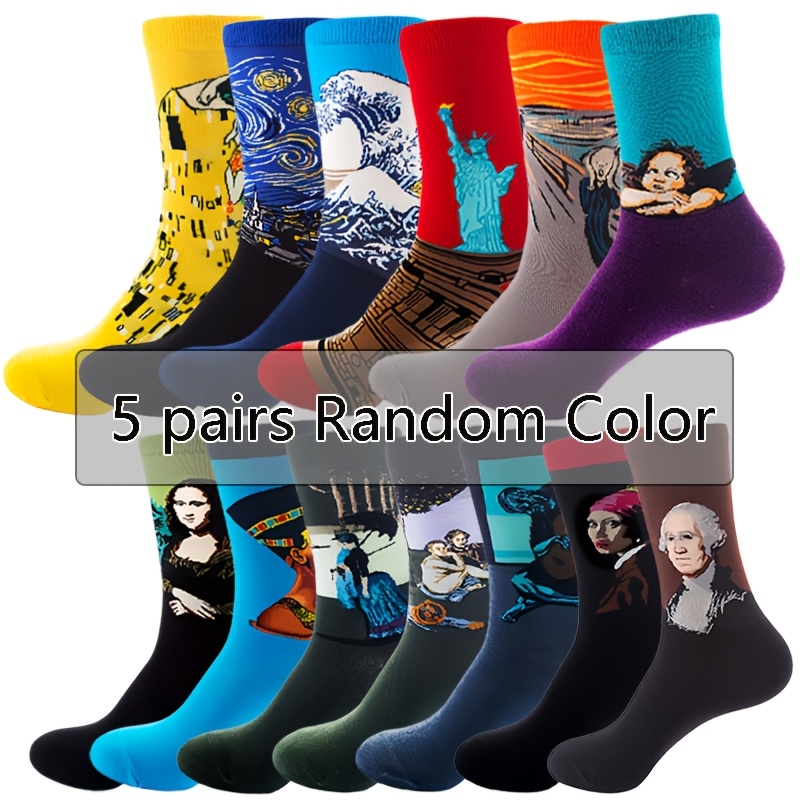 TEMU 5-pair Random Style Novelty Ankle Socks, Vintage Fashion Oil Painting-style Character Pattern Couple Socks, Unisex