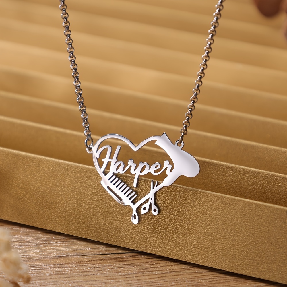 TEMU Custom Personalized Barber Heart Necklace With Name, Scissors Comb Silvery Pendant Barber Jewelry, Professional Gift, Birthday Gift For Barber