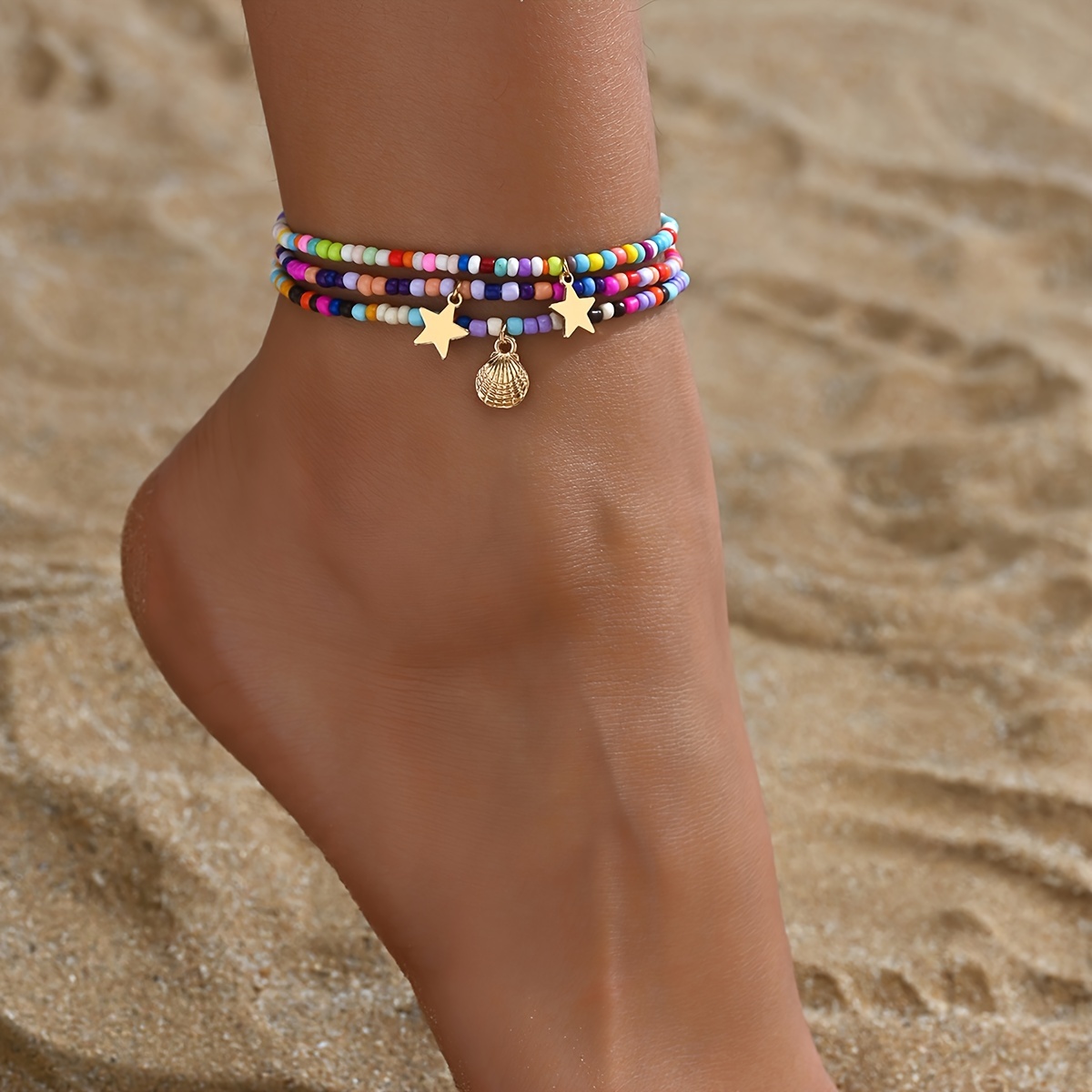 

3pc Colorful Mini Seed Beads Beaded Anklet Set With Mini Star Shell Beads Elegant Stackable Ankle Bracelet Foot Accessory