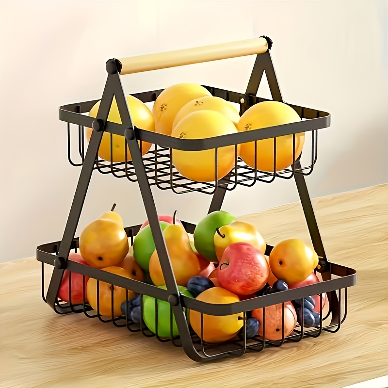 E-shop 1 Mehrschichtiger Metall Obstkorb mit Holzgriff – Ideal für Obst, Gemüse Gewürze – Langlebiges Drahtdesign, geeignet für Küche, Bad