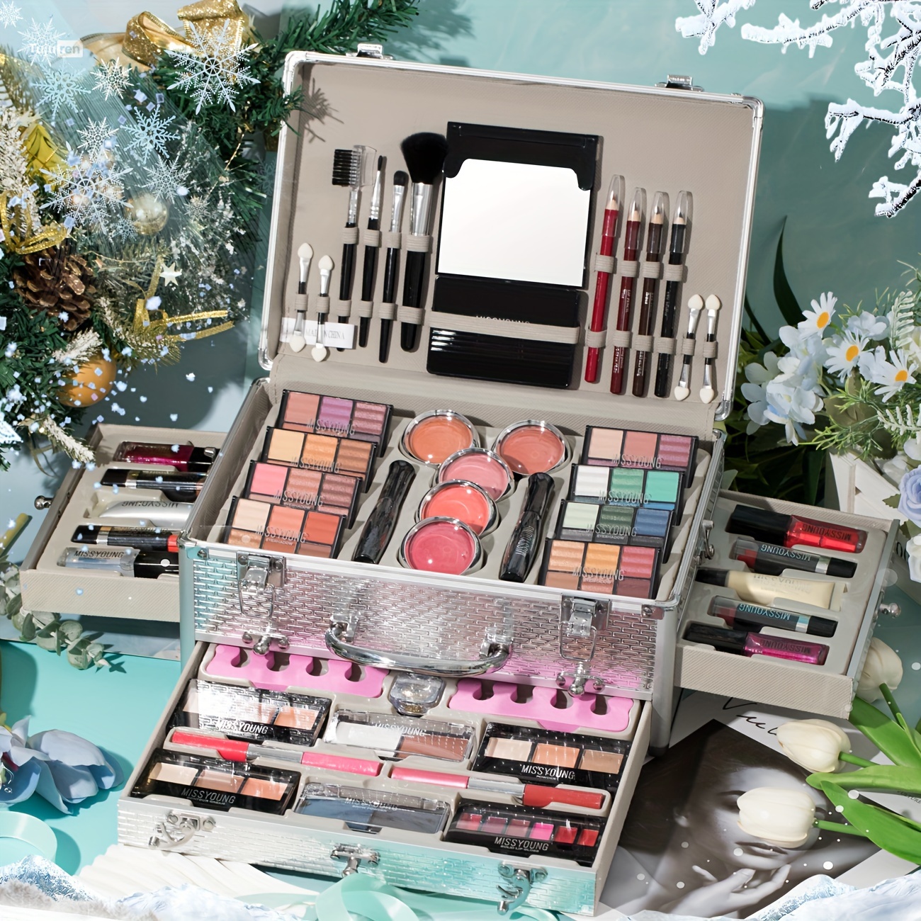 In One Makeup Kit Aluminum Travel Case Full Set Eyeshadow