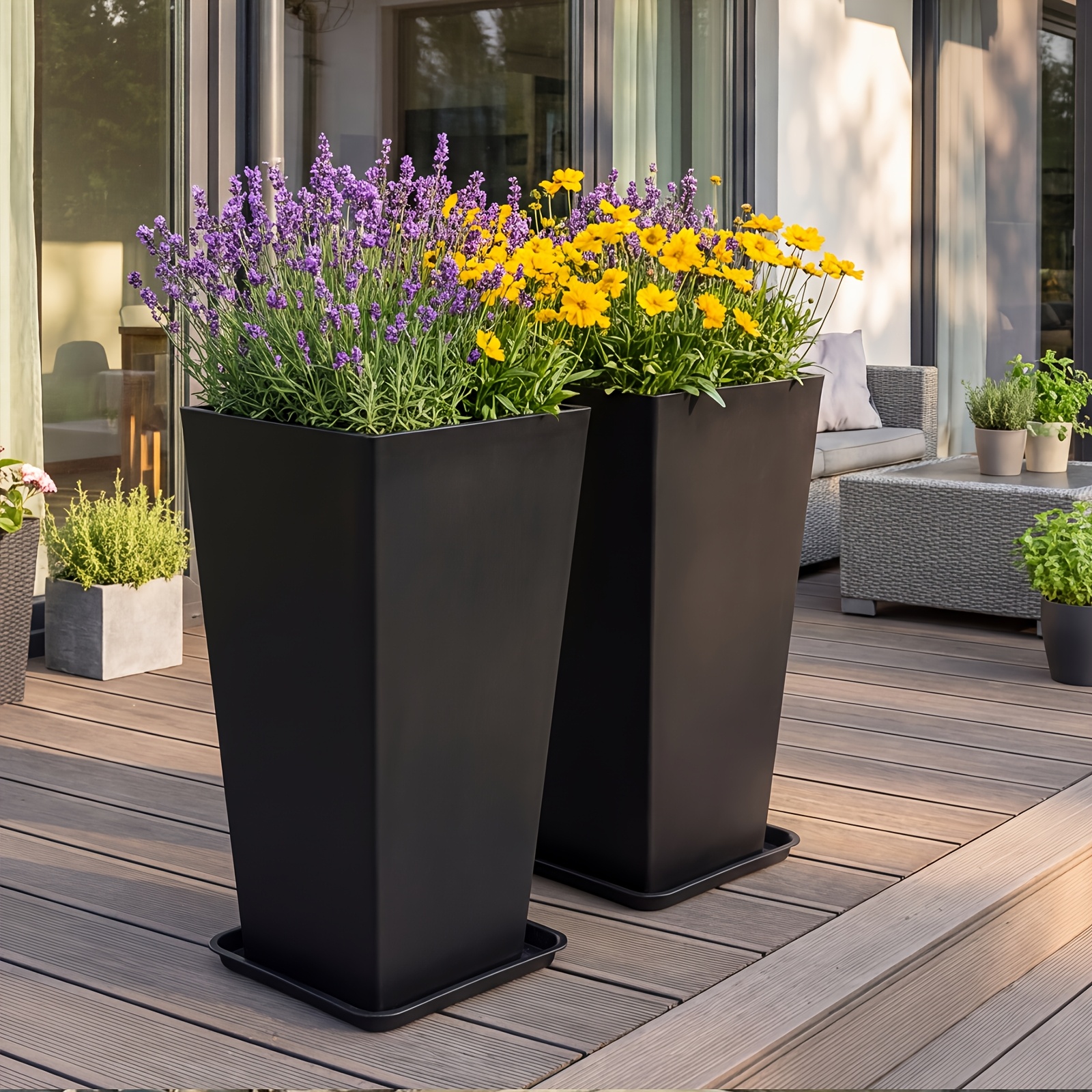 30 inch tall planters set of 2 large outdoor indoor planters weather resistant flower pots with drainage holes black for porch patio balcony gardening gift home decor