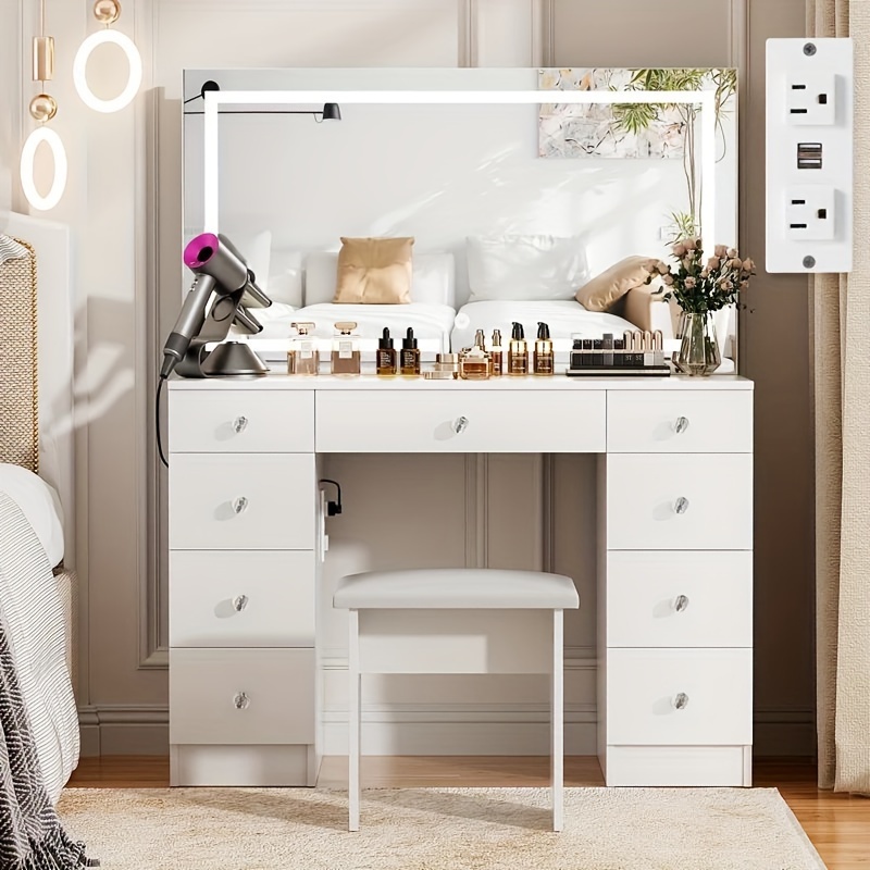 

Large Vanity Desk With Led Mirror & Charing Station, 9 Drawers & 3 Brightness Modes, Makeup Dressing Table For Women Girls