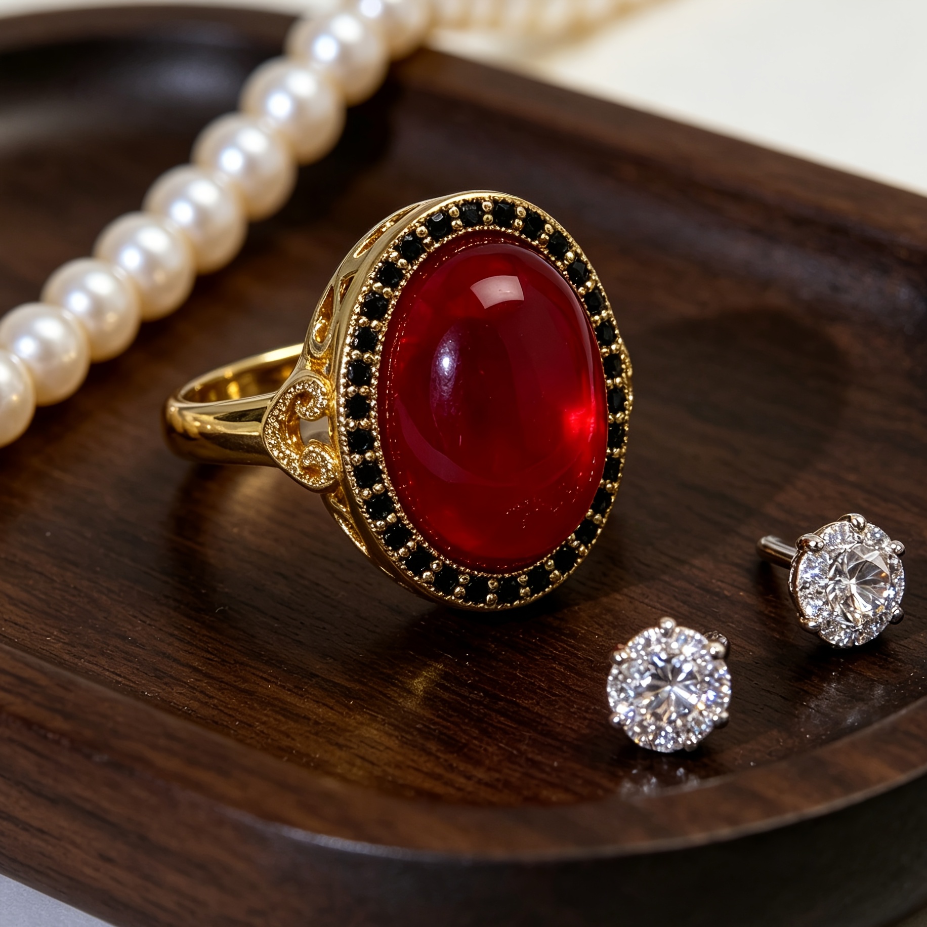 Women's Retro Court Style Red Agate & Black Zirconia Ring
