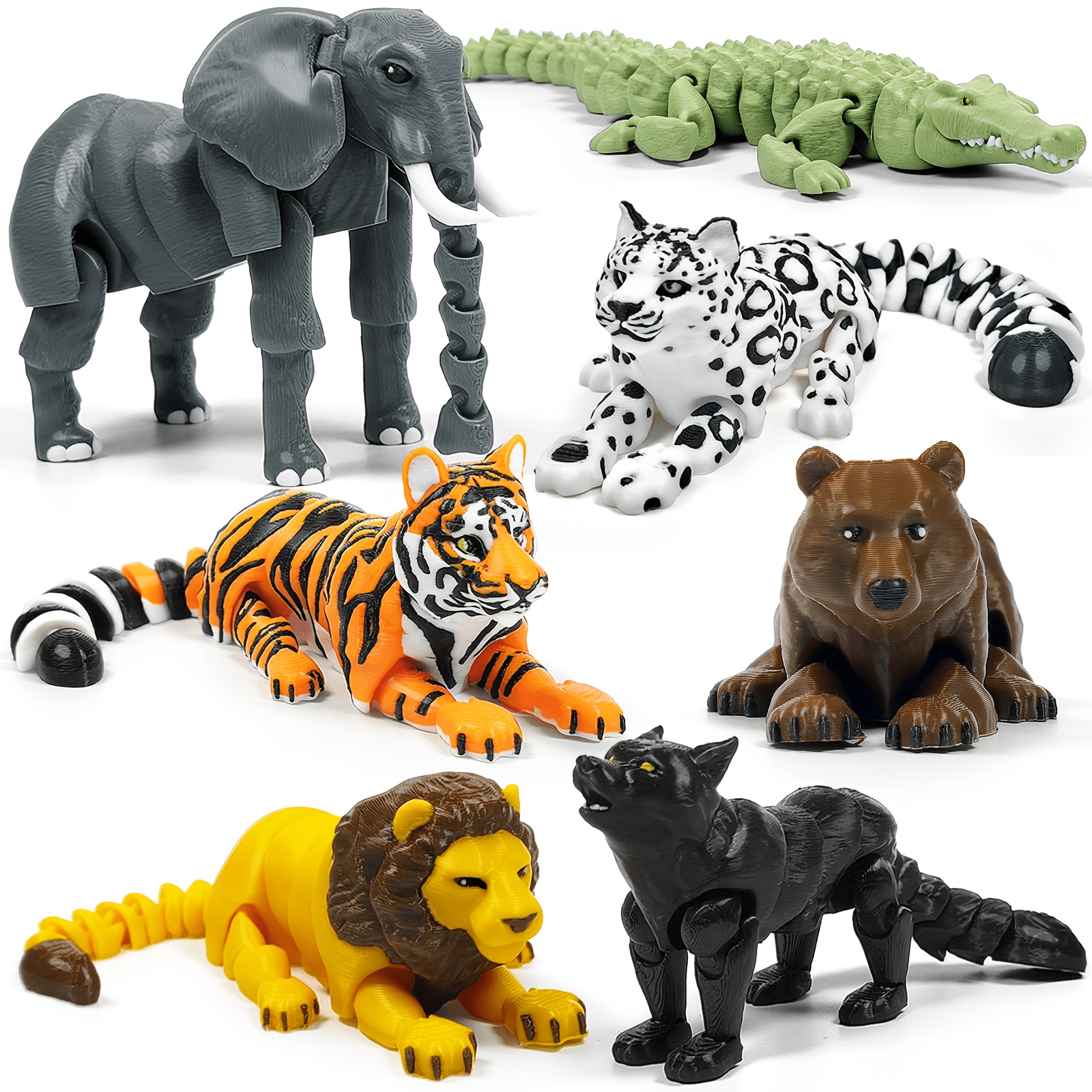 TEMU 7pcs Large Realistic Jungle Animal Figures, 3d Printed Articulated Wild (elephant, Tiger, Lion, Snow Leopard, Bear, Wolf, Crocodile), Movable