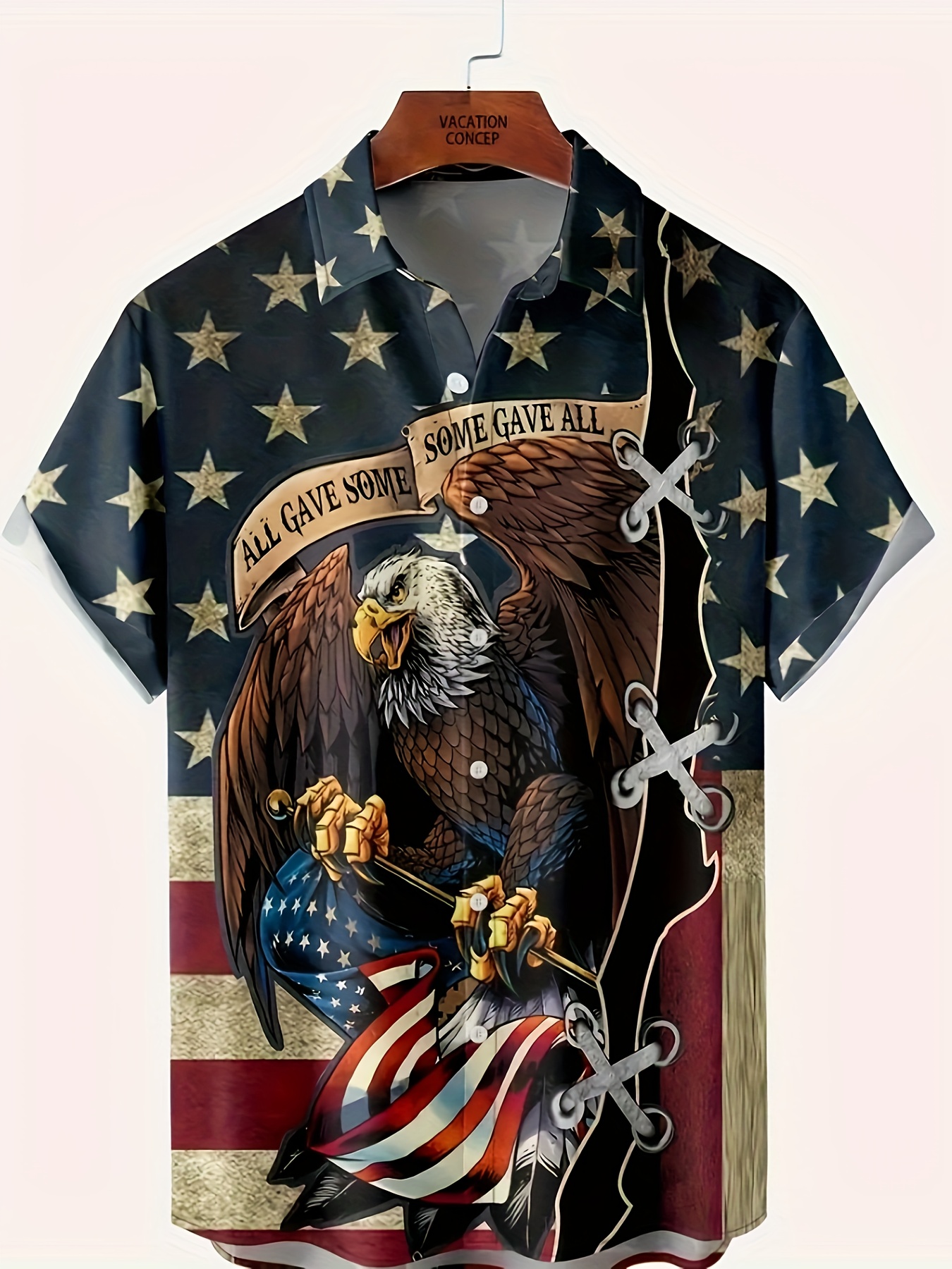 american flag eagle print mens short sleeve button down lapel shirt for summer resort holiday hawaiian style details 0