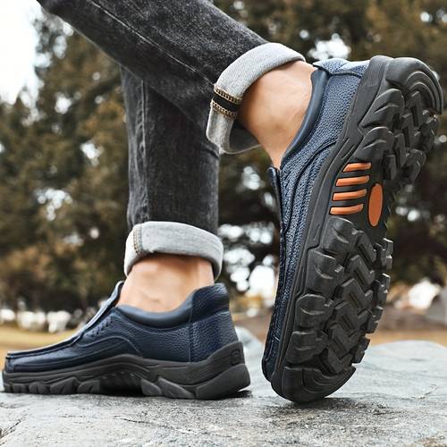 1pair mens vintage casual business loafers solid color slip on walking shoes with split cow leather upper synthetic lining rubber sole and microfiber insole for outdoor hiking and wedding