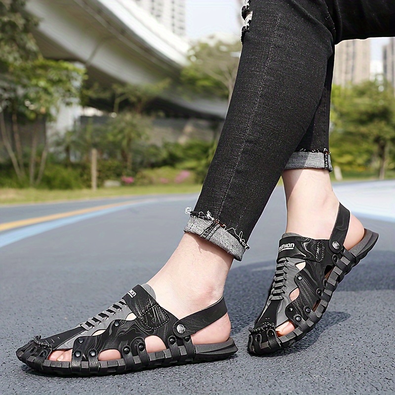 mens stitching microfiber leather casual toe slip on sandals breathable sandals for outdoor details 2
