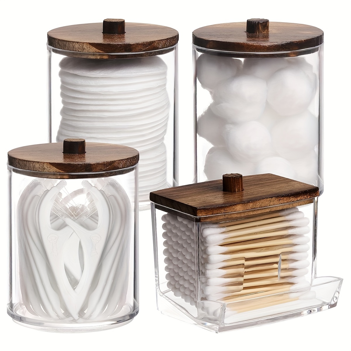 

Set Of 4 Plastic Wooden Lid And - Swab Dispenser Set For Bathroom And Accessories, Dispensing Box For Use,