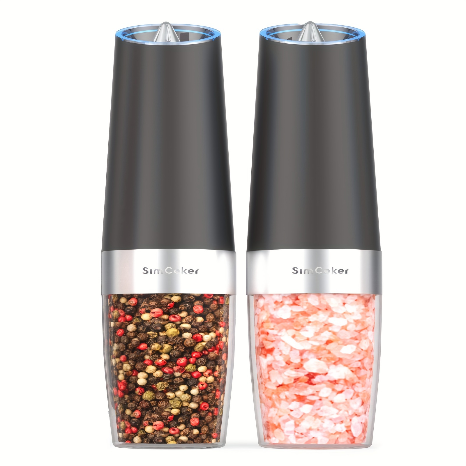 

2 Pack Gravity Salt And Pepper Grinder Set, Electric Shakers Mill Automatic Grinders For Kitchen, Battery Operated Refillable Adjustable Coarseness With Led Light