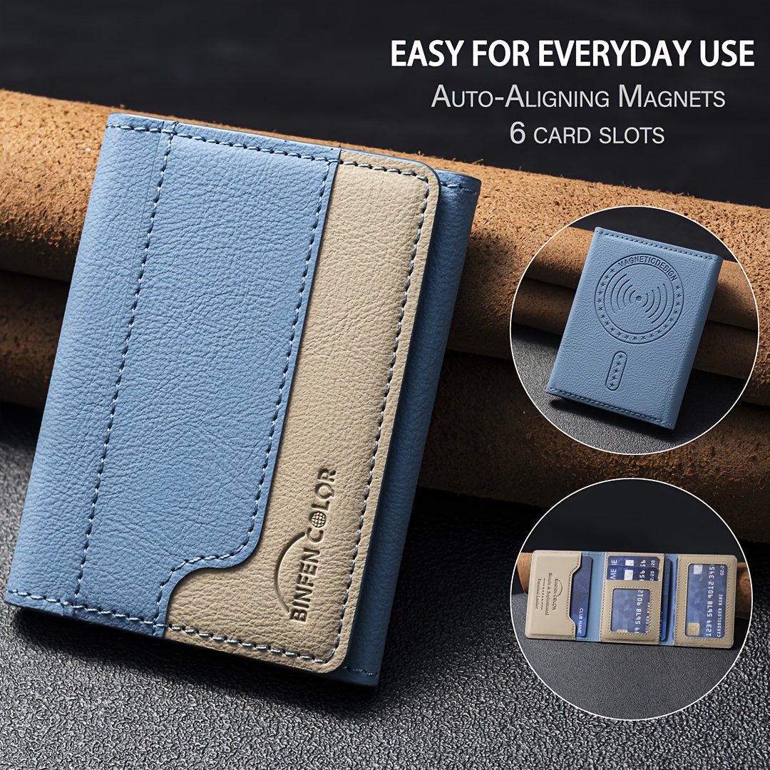 TEMU Auto- Magnetic Wallet With 6 Card Slots, Kickstand And High-strength Magnetic Closure - Business-style Men's Card Holder For Professional Use,