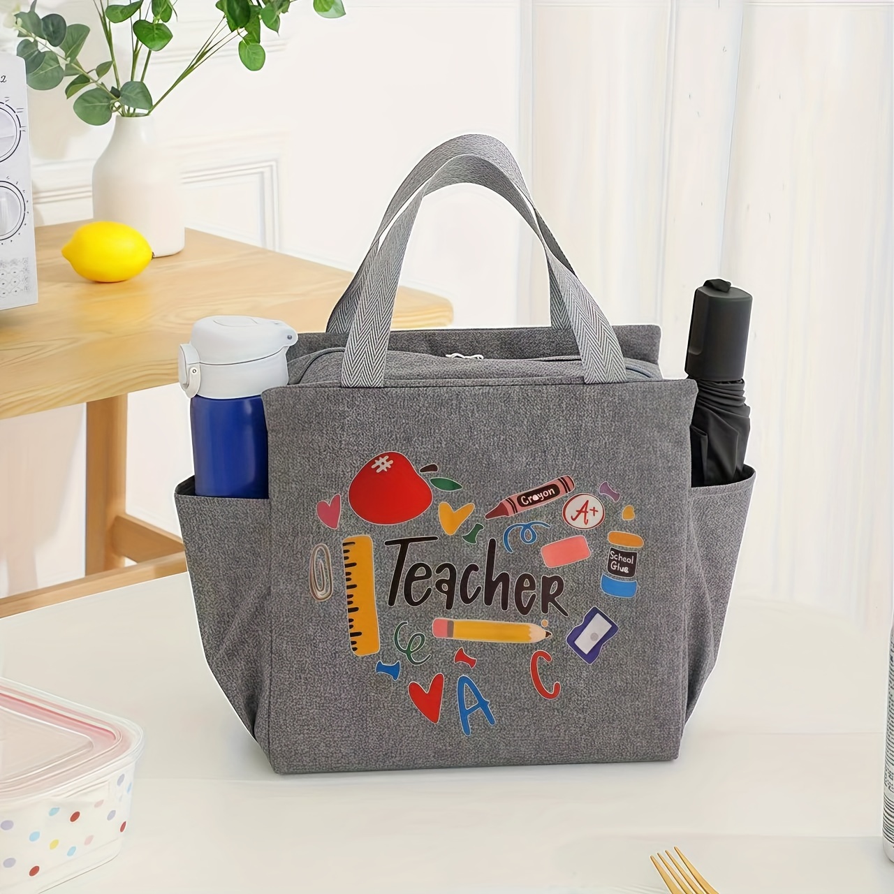 TEMU Chic Teacher-themed Insulated Lunch Bag - Durable Canvas With Thick Aluminum Foil, Office, School, Travel & Picnics - Machine Washable