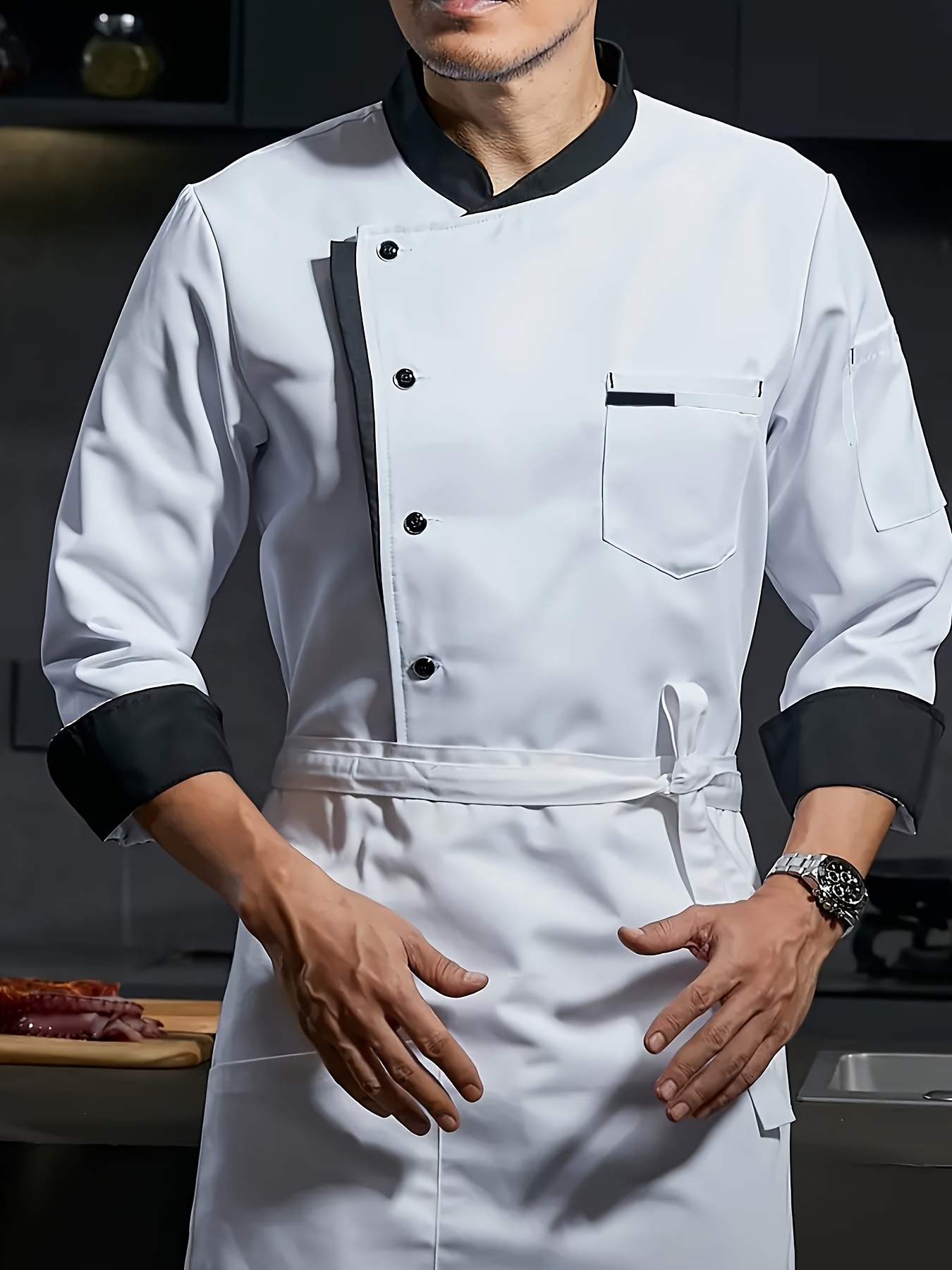 Unisex Elegant Polyester Chef Jacket, Long Sleeve, Color Block, Button  Detail, Non-Stretch Woven Fabric, Regular Fit, with Collared Neck for