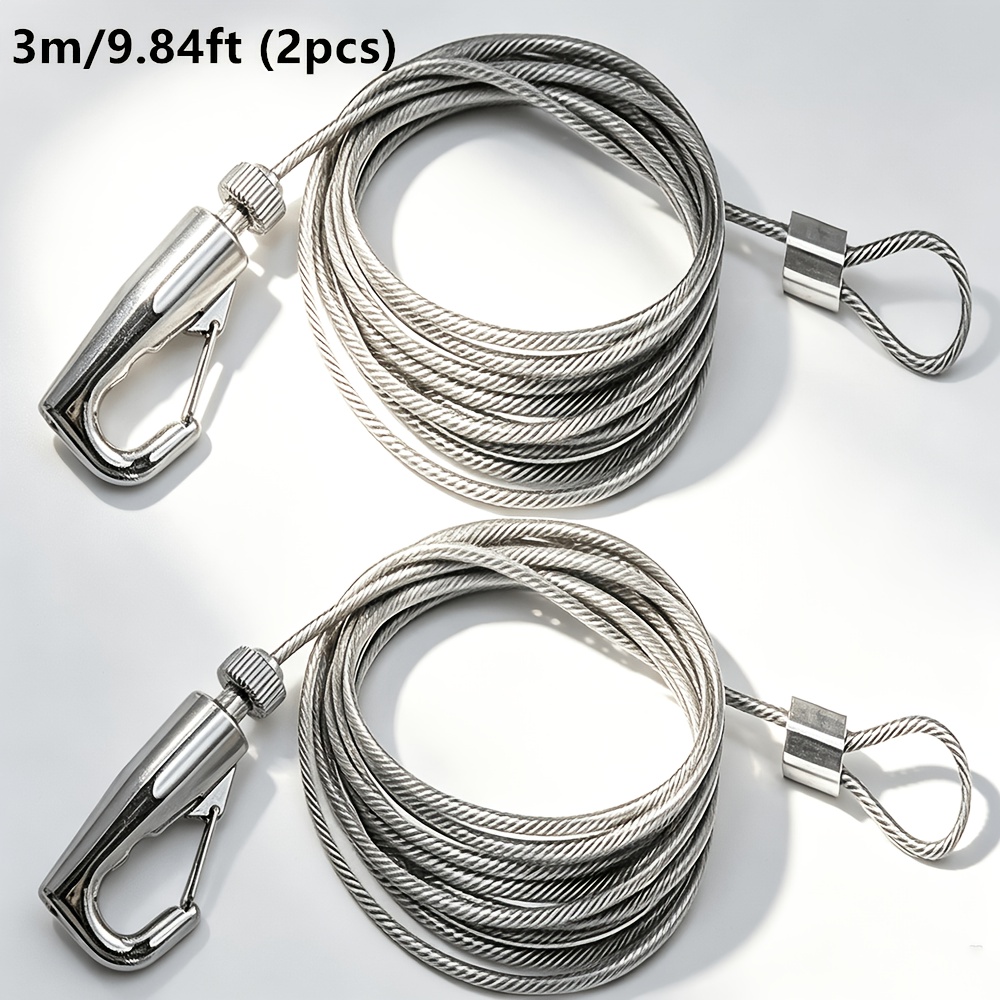 TEMU 2pcs Adjustable Wire Rope With Metal Hooks, 1-5m Durable Rust-resistant Hanging Cords For Curtains, Photo Frames, Outdoor Use, Crafts