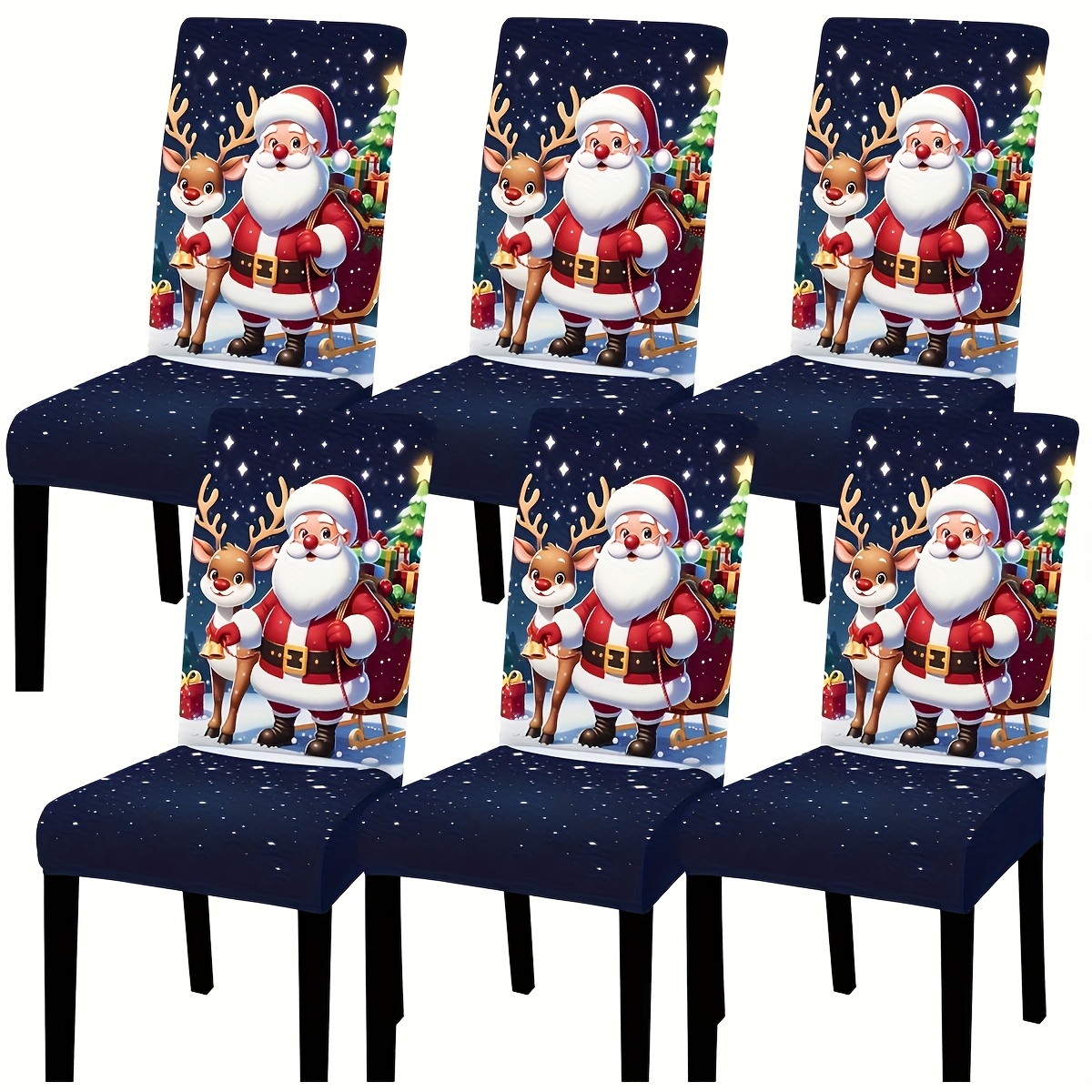 TEMU 4/6pcs, Housses de chaise de Noël en polyester avec un marine et une impression numérique de Père Noël et un paysage enneigé - Amovibles et