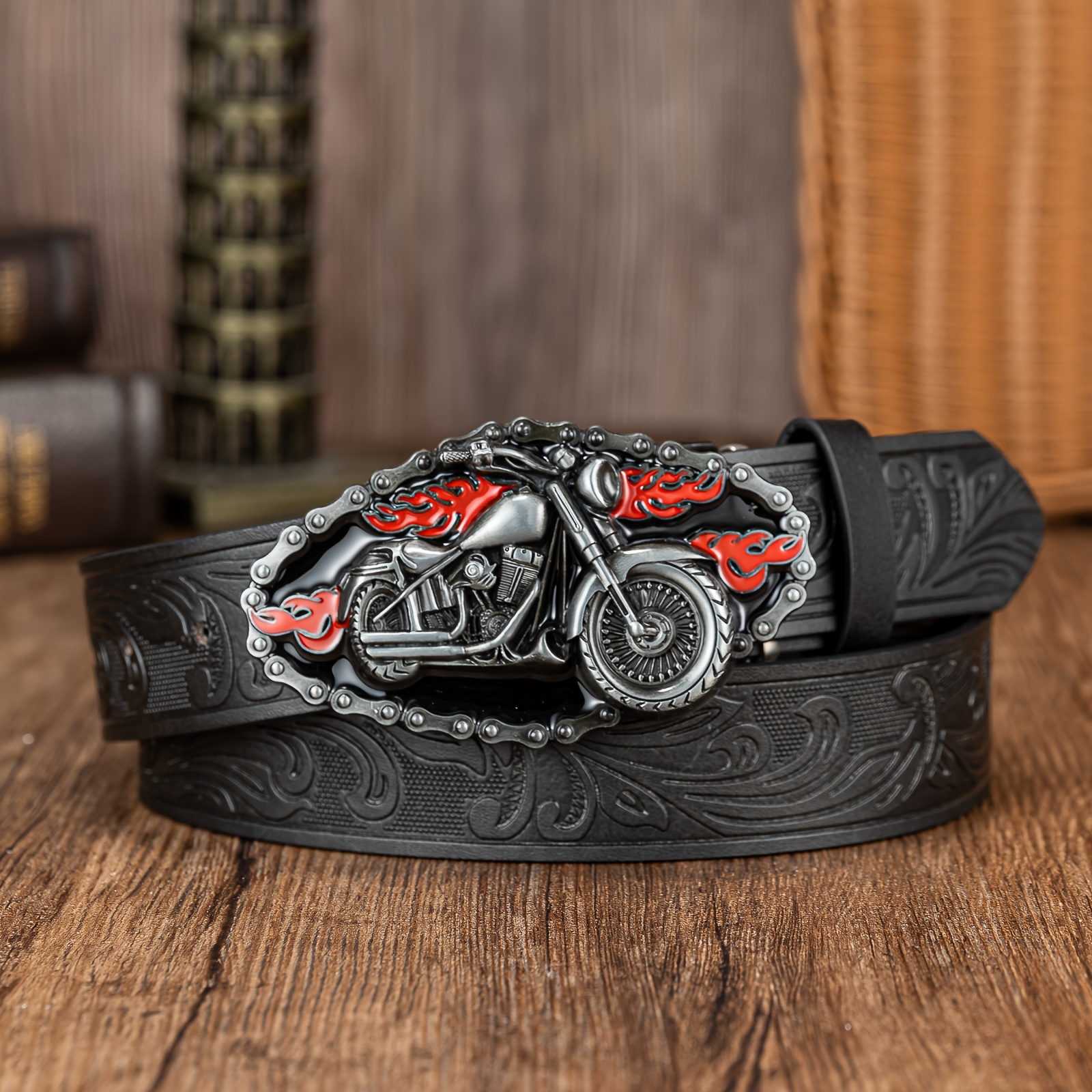 TEMU Motorcycle Buckle Pu Embossed Men's Belt