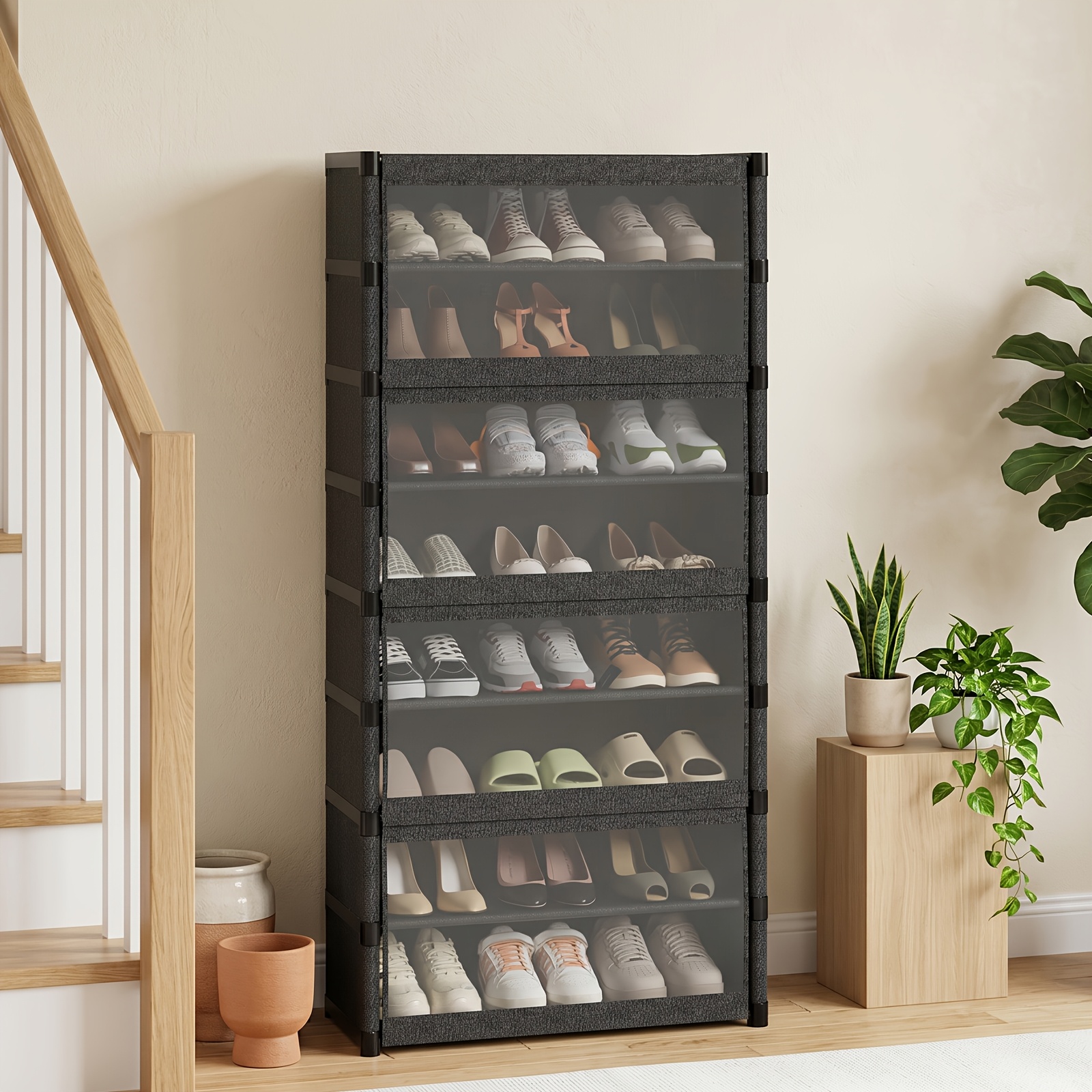 Image of Large Capacity Narrow Shoe Cabinet, Space Tower With Transparent Clear Panels, Durable Fabric, Adjustable Modular Design, Suitable For Entryway Hallway Closet Bedroom Small Apartment.