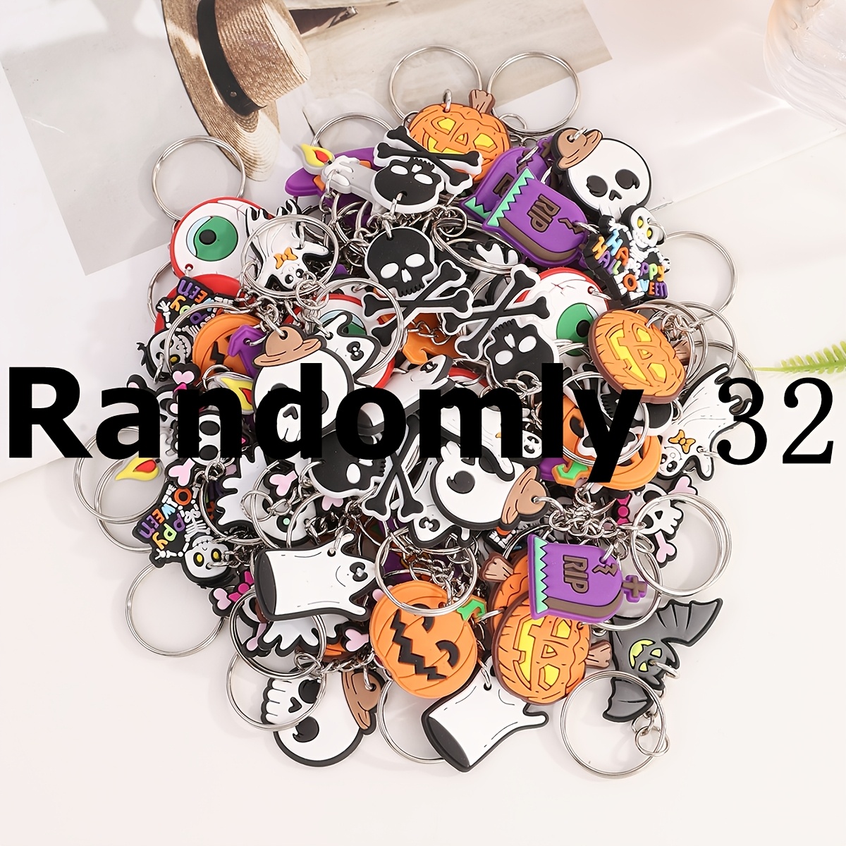 Image of Cross-border 32pcs Halloween Series Random Irregular Mix Keychains, Cute Cartoon Halloween Series Keychains, Diy Halloween Skull, Tomb, Eye, Candle, Pumpkin Keychains, Flat Keychains
