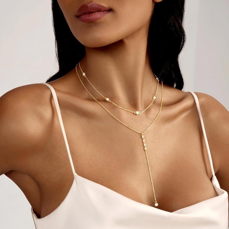 Women's Dainty Long Layered CZ Beaded Bar Chain Necklace