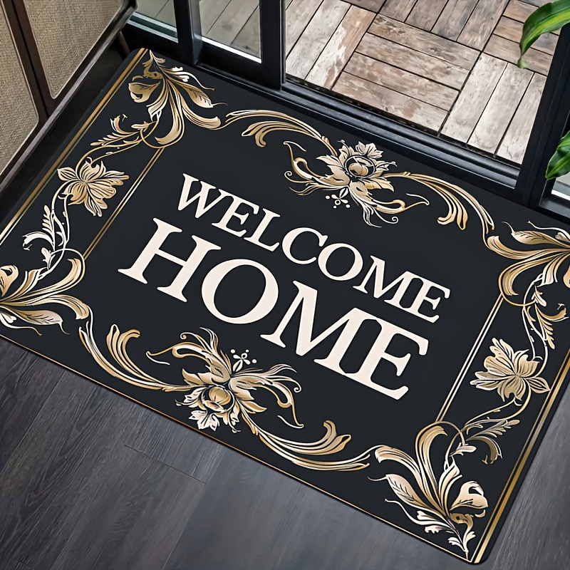 

1pc Super Soft Thicken Square Carpet Rug Of Golden Floral Lace And Simple Welcome Pattern, Machine Washable Room Decorative Carpet For Living Room Bedroom Entryway Kitchen, Indoor Anti-slip Floor Rug