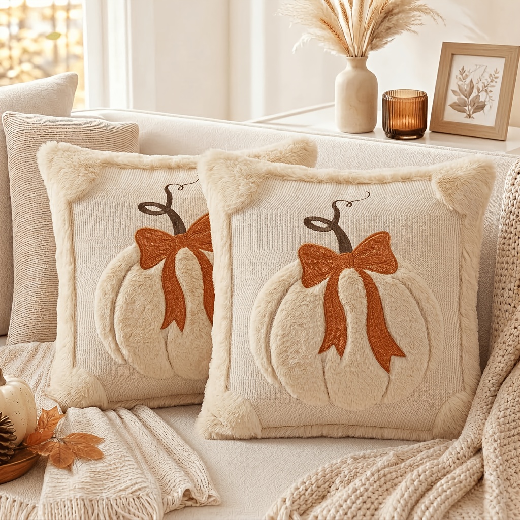 TEMU 2-pack Fall 3d Jacquard Pumpkin With Bow Throw Pillow Covers, Autumn Thanksgiving Decor Cushion Covers, 18 X 18 Inches, Modern Pumpkin