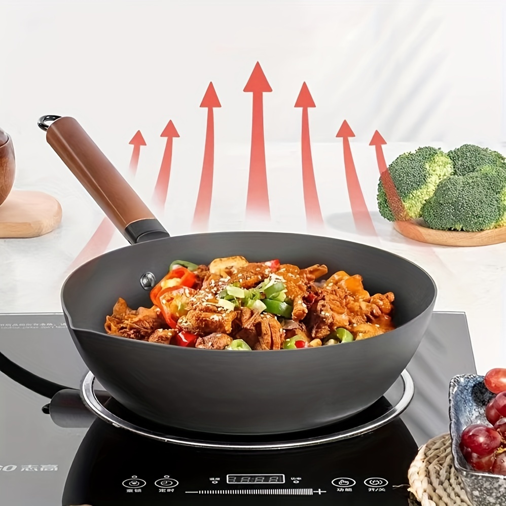 

1pc Non-coated Iron Wok Pan With Glass Lid, Heat-resistant Handle Large Flat Bottom Wok, Compatible With All Stove, Suitable For Restaurant Kitchen