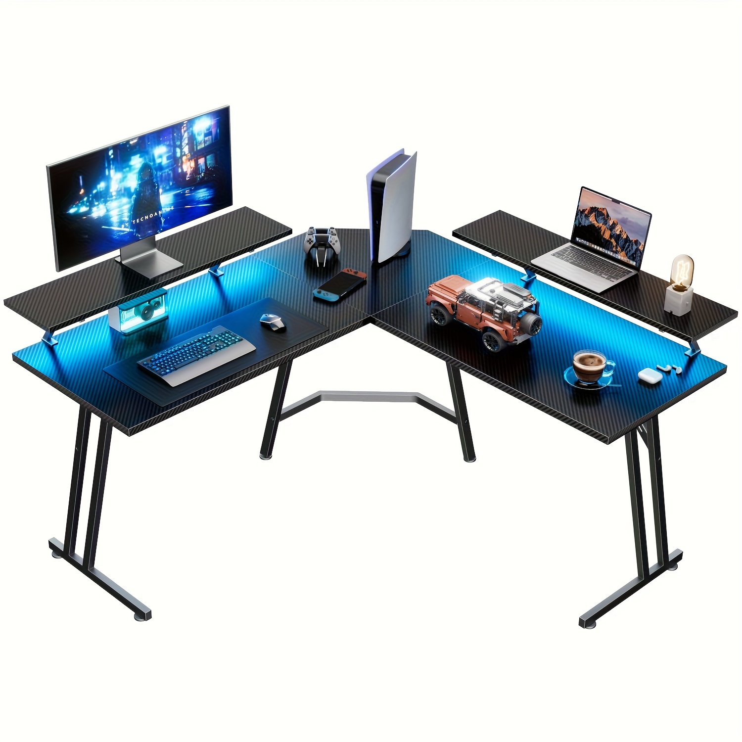 E-shop L-förmiger Computer Schreibtisch mit LED-Beleuchtung, Kohlefaser-Oberfläche, Büro Schreibtische, Arbeitsplätze mit Dual Monitor Ständern,