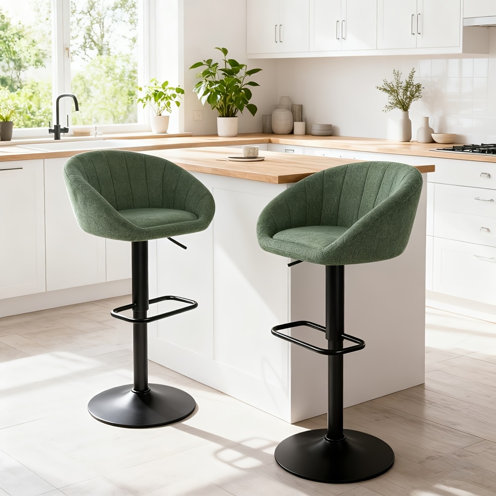 Set Of 2 Modern Bar Stools Vivolilv, Velvet, Height Adjustable Bar Chair, Kitchen High Chair With Footrest, Green, 53x38x81-101cm