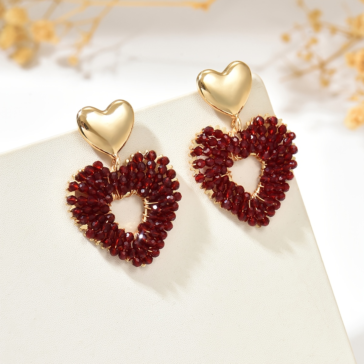 TEMU 1 Paire de Boucles d'Oreilles Cœur en Perles Tissées à Style Bohème OOQ pour Femme, Plaquées pour Mariage, Cadeau Ethnique Vintage pour des