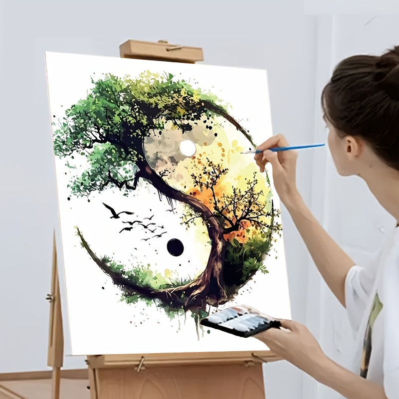 Image of [professional Art Use] 1pc Adult Beginner Painting Kit - Includes Acrylic Paints, Canvas, 3pcs Brushes And Manual | 1pc Acrylic Painting Of Yin Yang Tai Chi Tree Few 40x50cm/15.7x20inch Unframed (sui