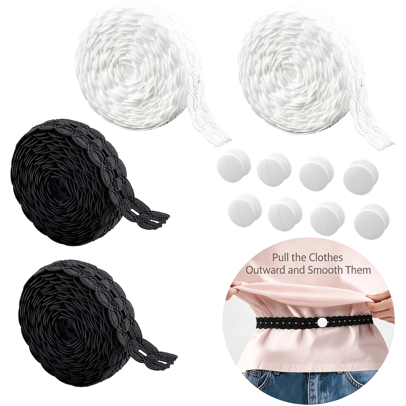 TEMU Ensemble de 12 pièces : 4 sangles et 8 boutons, ceintures exquises ornées de dentelle, adaptées aux t-shirts, robes et chemises ; rallonges de