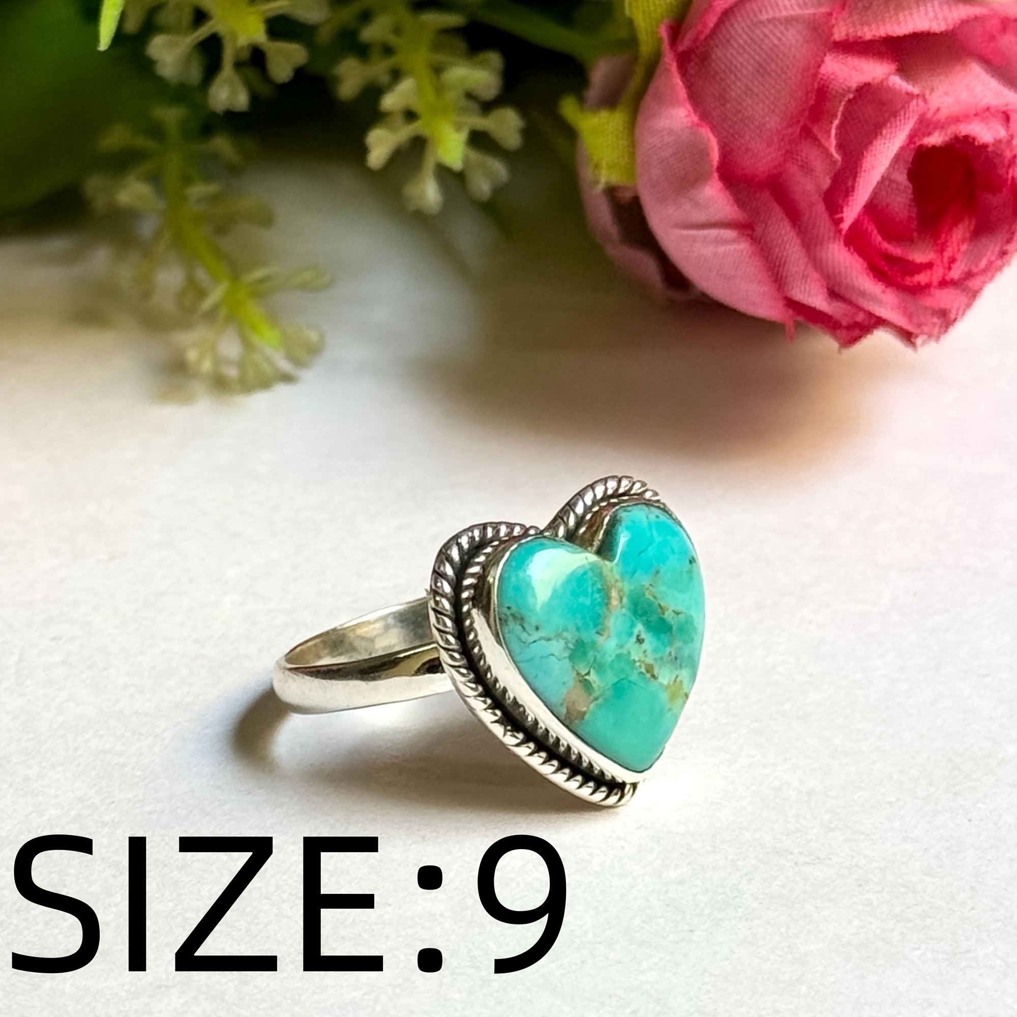 TEMU 1pc, Bohemian Fashion - Copper Inlaid Turquoise, [retro Western Style] - Hand-inlaid Heart Turquoise - Unisex Fashion Ring, Suitable For Holiday