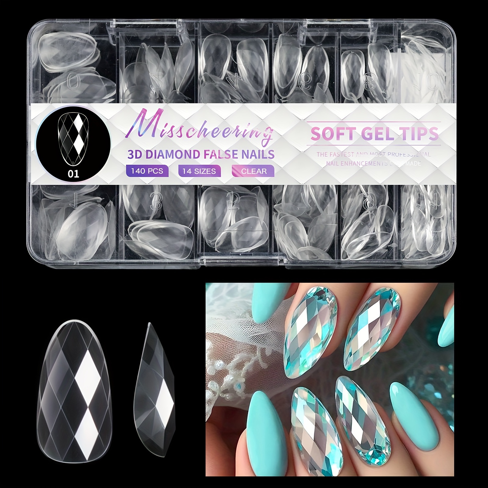 TEMU Misscheering 120/140 Pcs Long Almond Shaped Nail Tips - Glossy Geometry Transparent False Nails With Diamond Face Design - Durable Press On Acrylic Nails For Enhanced & Natural Fit