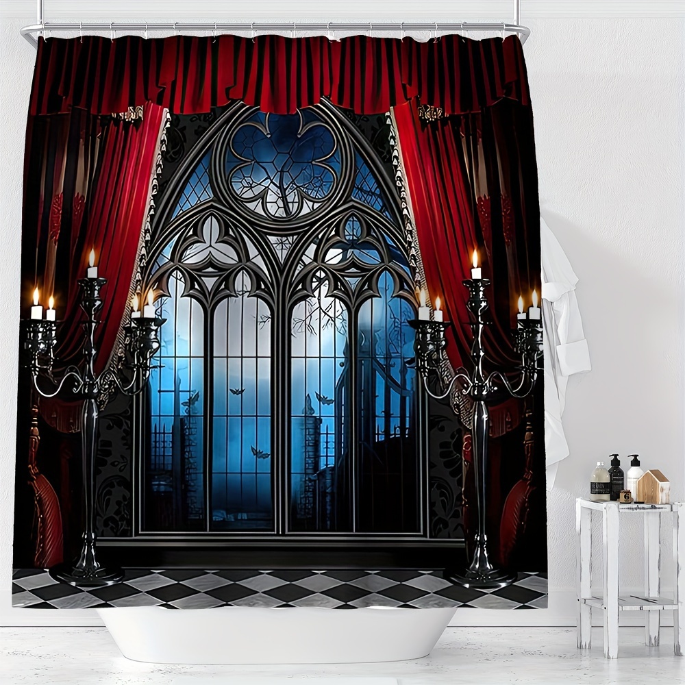 

Ywjhui Horror Castle Floral Pattern Digital Print Shower Curtain, Water-resistant Polyester Bath Curtain With Hooks, Machine Washable, Knit Weave Type, All-season, Spooky Gothic Decor - 1pc