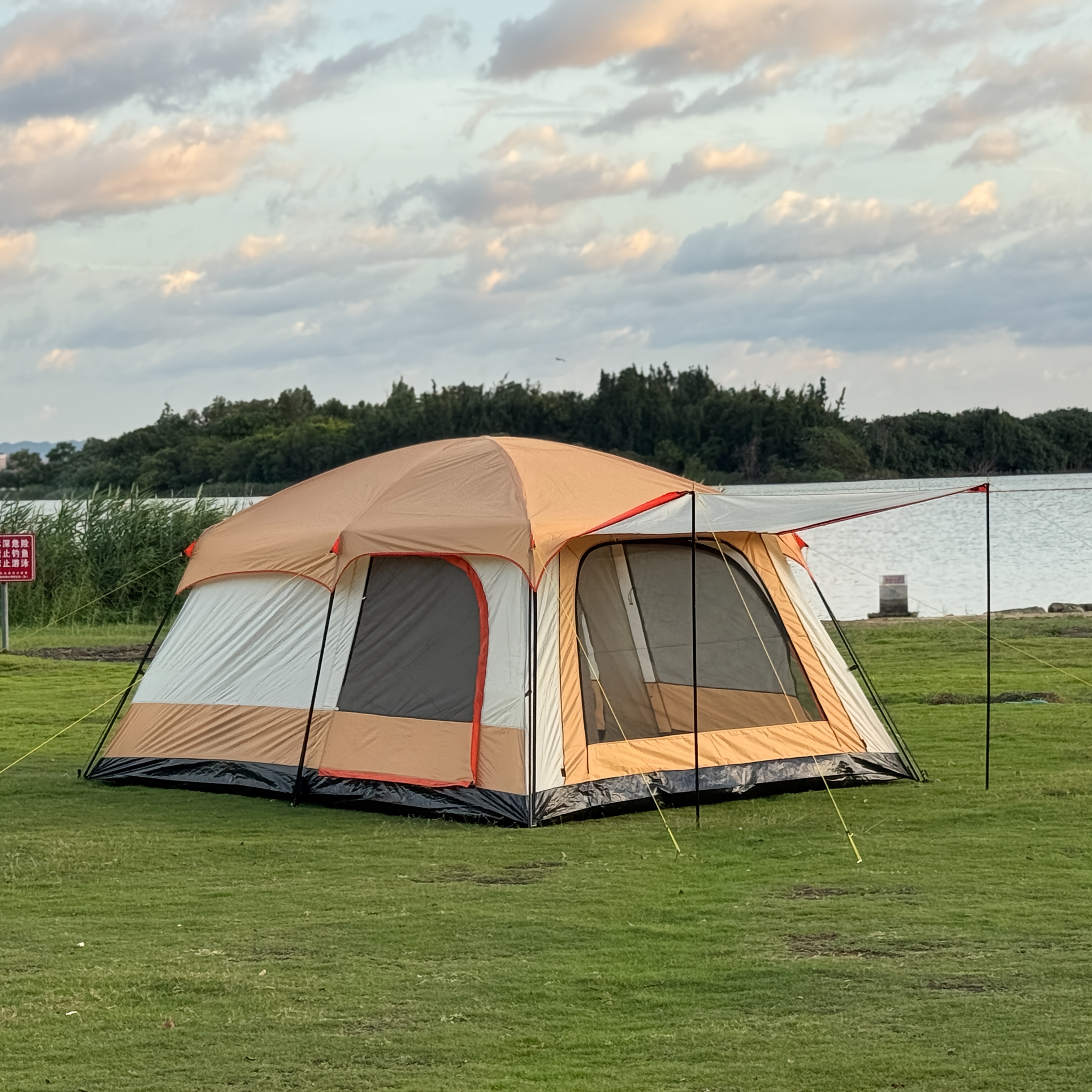 1 Stck Familien-Campingzelt, 2 Schlafzimmer. Doppelschichtiges  Mehrpersonen-Zelt mit Sonnenschutz, Zweiraum, Groer Platz, Tragbares  Faltdesign * fr Outdoor-Abenteuer Camping in allen Jahreszeiten