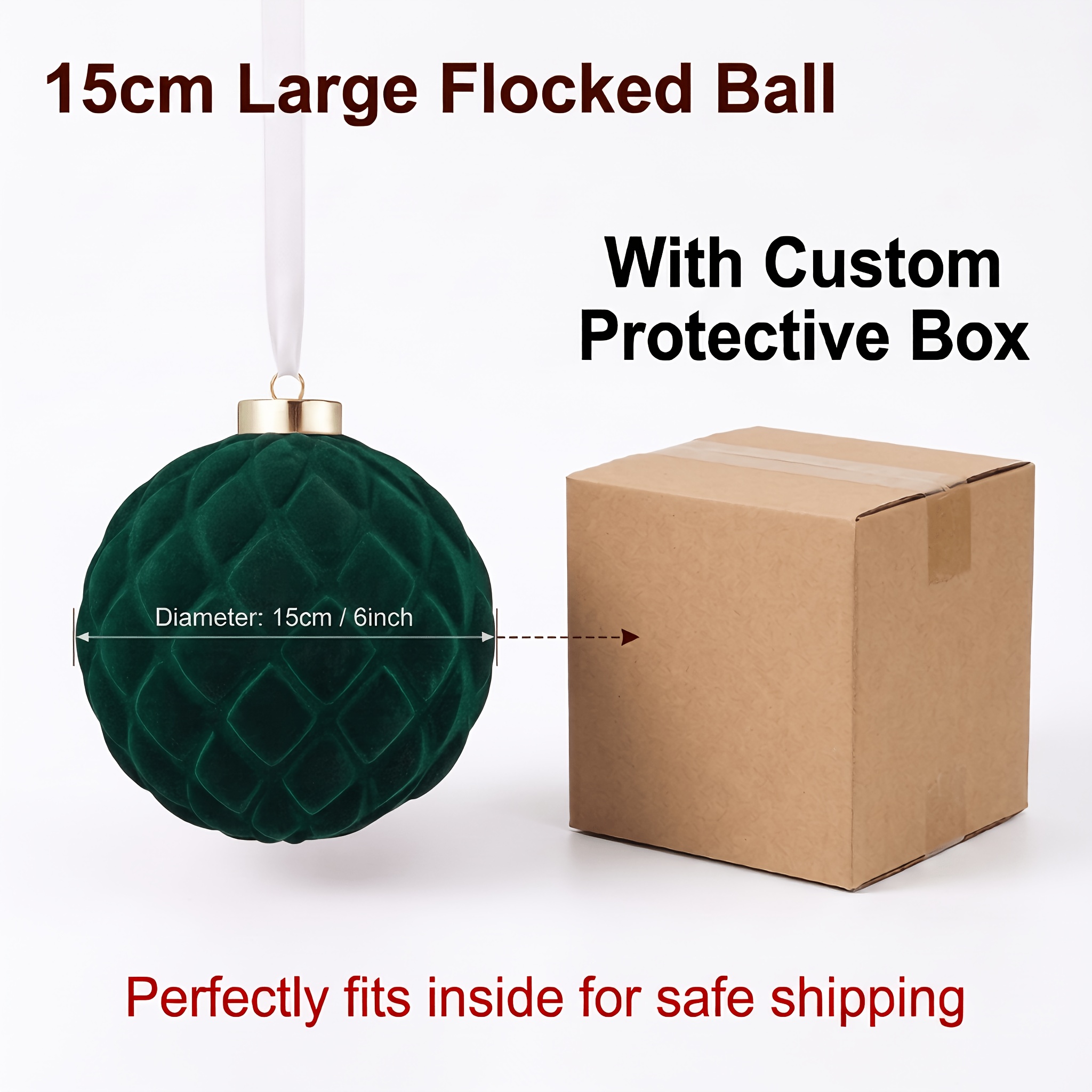 TEMU Boule de Noël 15Cm/6 pouces en Velours Premium Anti-Chute Vert Foncé avec Ruban, 2 Différentes (Ronde, Diamant), Décoration de Suspension pour