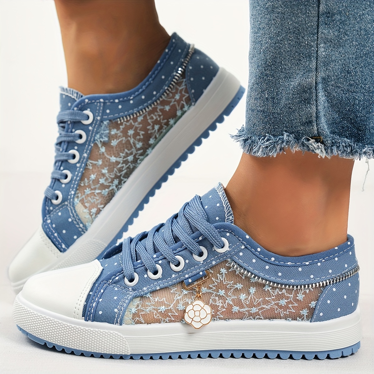 TEMU Plus Size Women's Breathable Mesh Flat Shoes - Casual Low-top With Floral Embroidery, Light Blue And White Sneakers With Decorative Zipper Detail, Cute Shoes