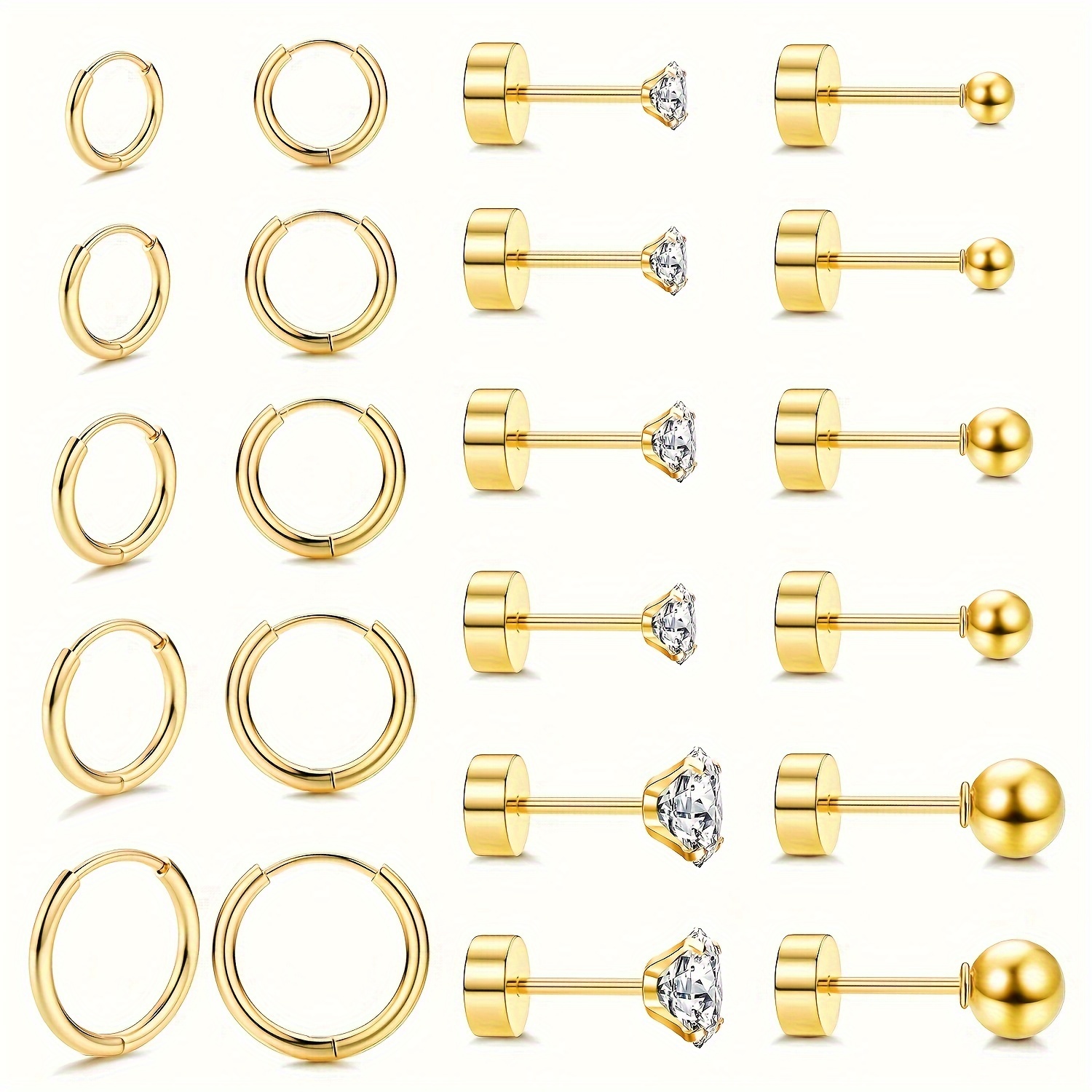 

11 Pairs Golden Hoop Earrings Set - Small Stud Earrings For Multiple Piercings, Surgical Steel Flat Back, Sleeper Earrings With Ball And Cubic Zirconia For Women And Men