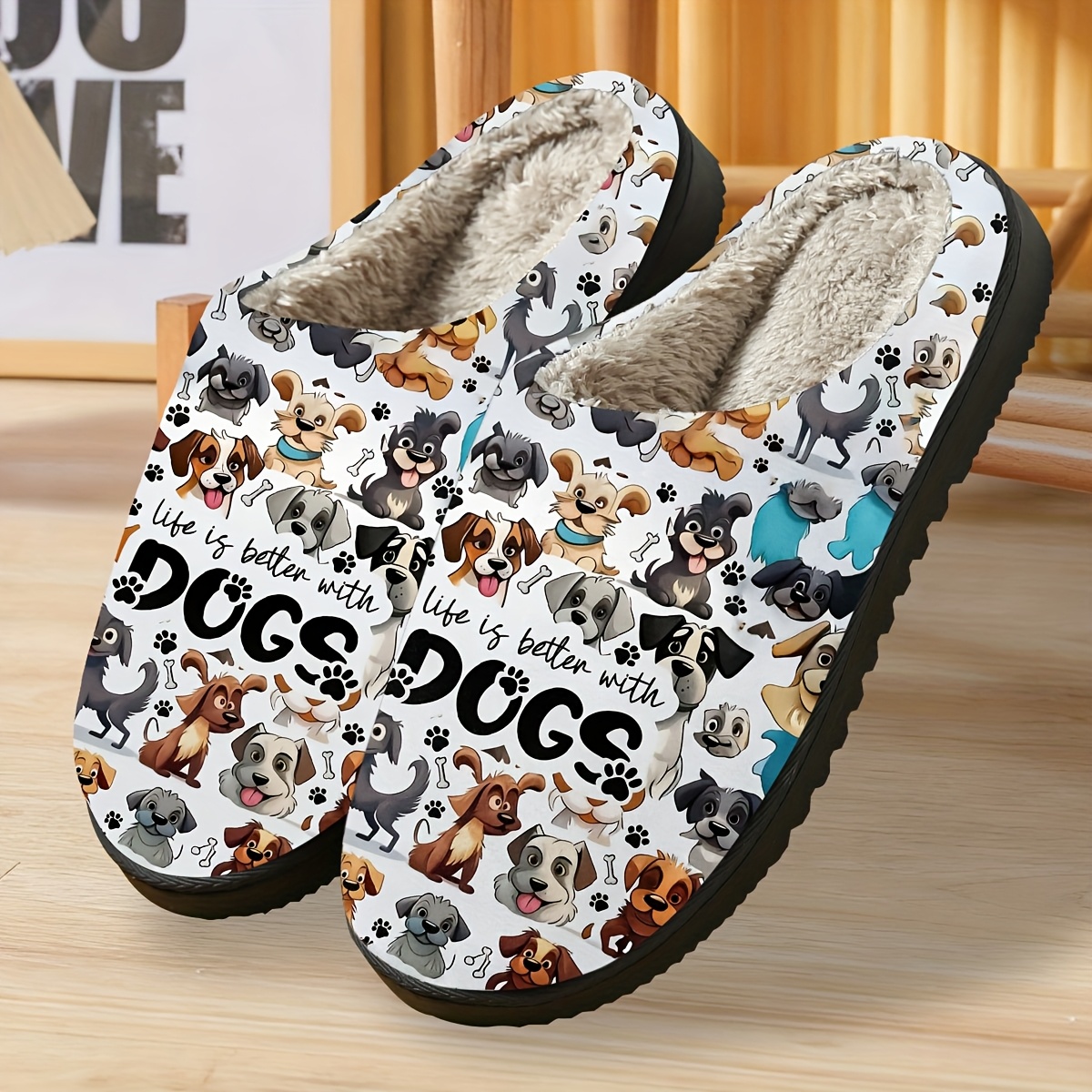 Image of Fuzzy Warm Men's Slippers - Autumn Camping Slides | High-quality Material Best Friend Same Style Women's Slippers | Gift For Halloween And Christmas