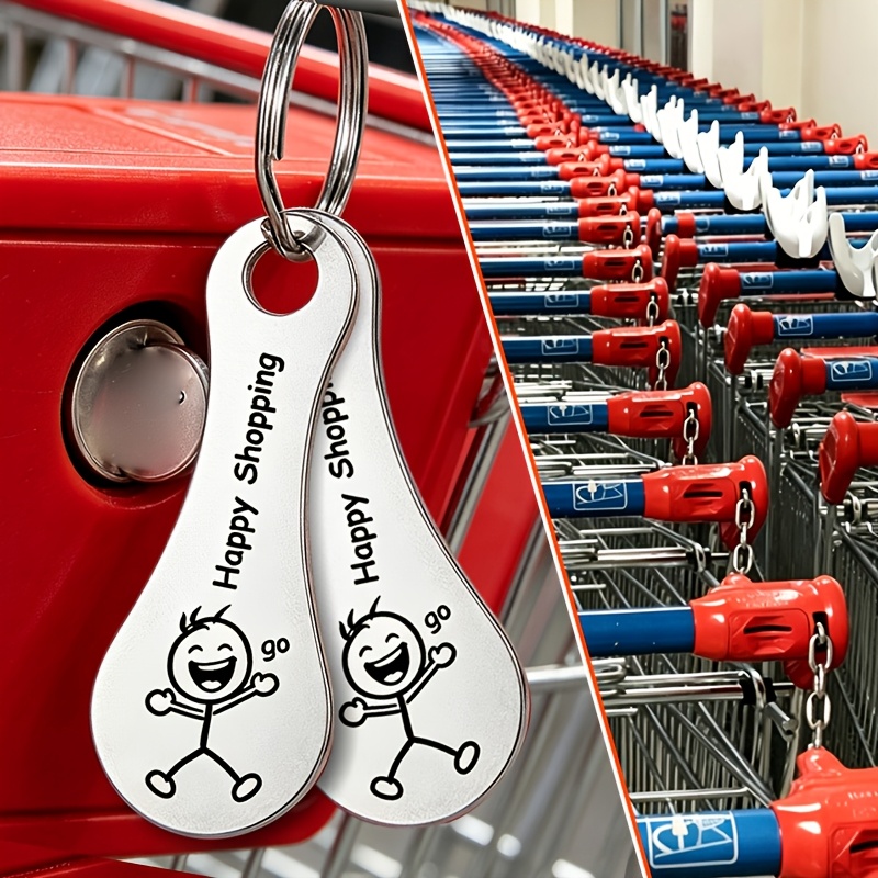TEMU 2 Porte-clés jetons en acier inoxydable pour de supermarché, gravés "Bon shopping", pièces réutilisables de bonshomme pour déverrouiller , outil