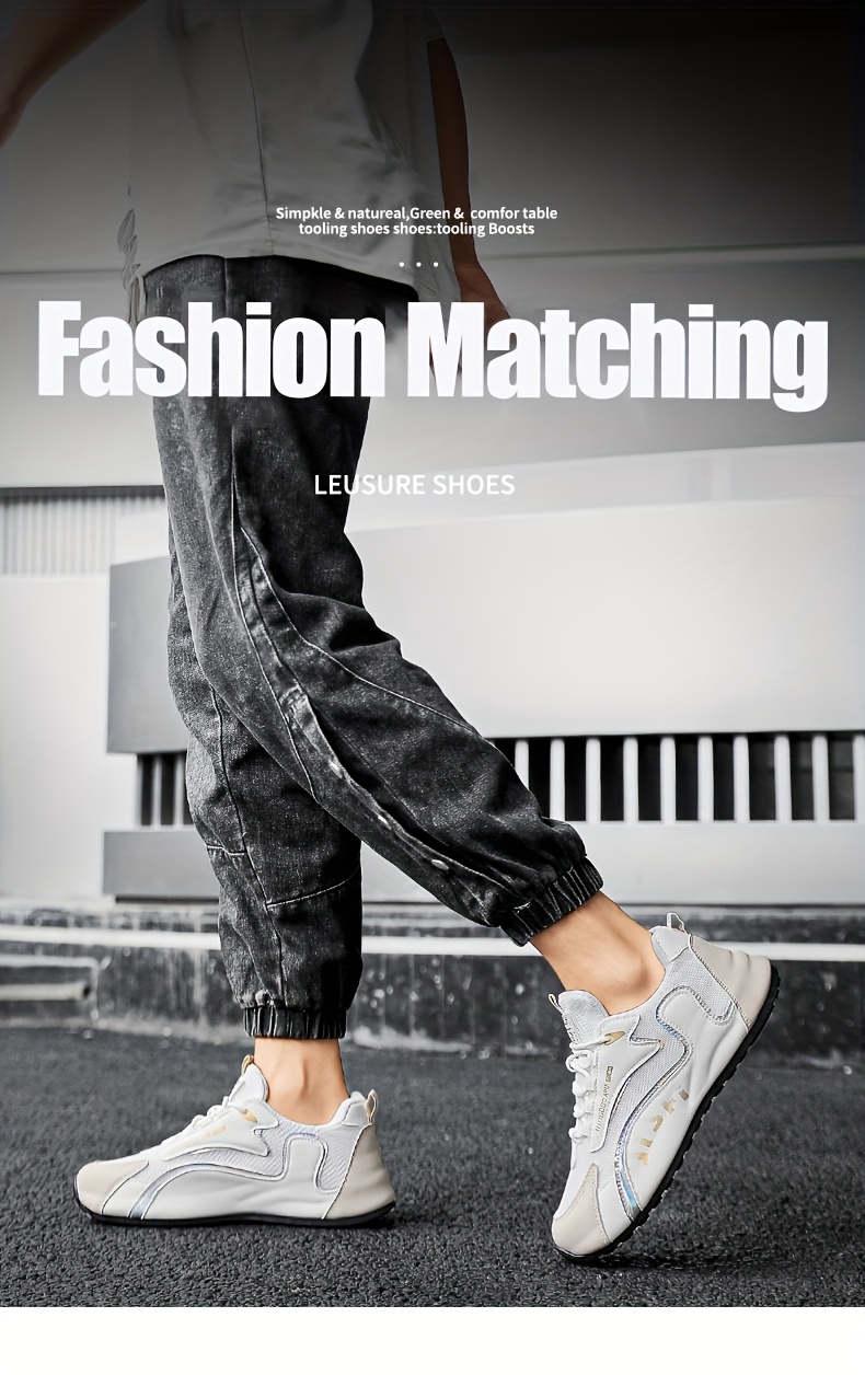 Tenis elegantes para hombre en blanco y dorado - Zapatos transpirables y cómodos para caminar con absorción de impactos, suela de PVC duradera y cierre de agujetas, ideales para uso casual, correr y actividades al aire libre, calzado casual | Tenis con agujetas elegantes | Zapatos cómodos para caminar