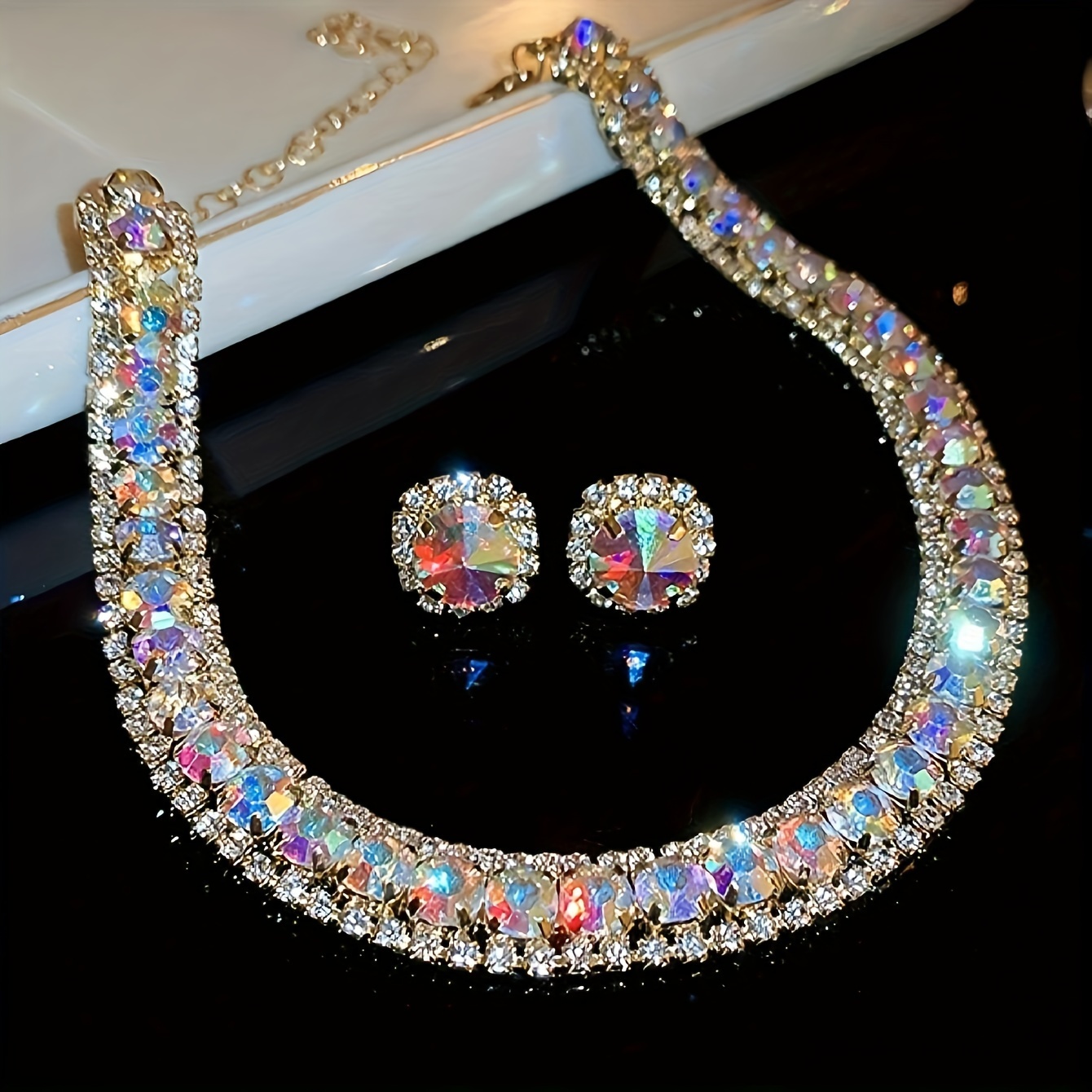 

1 Set Of Crystal Necklace And S925 Silver Needle Earrings Jewelry Set